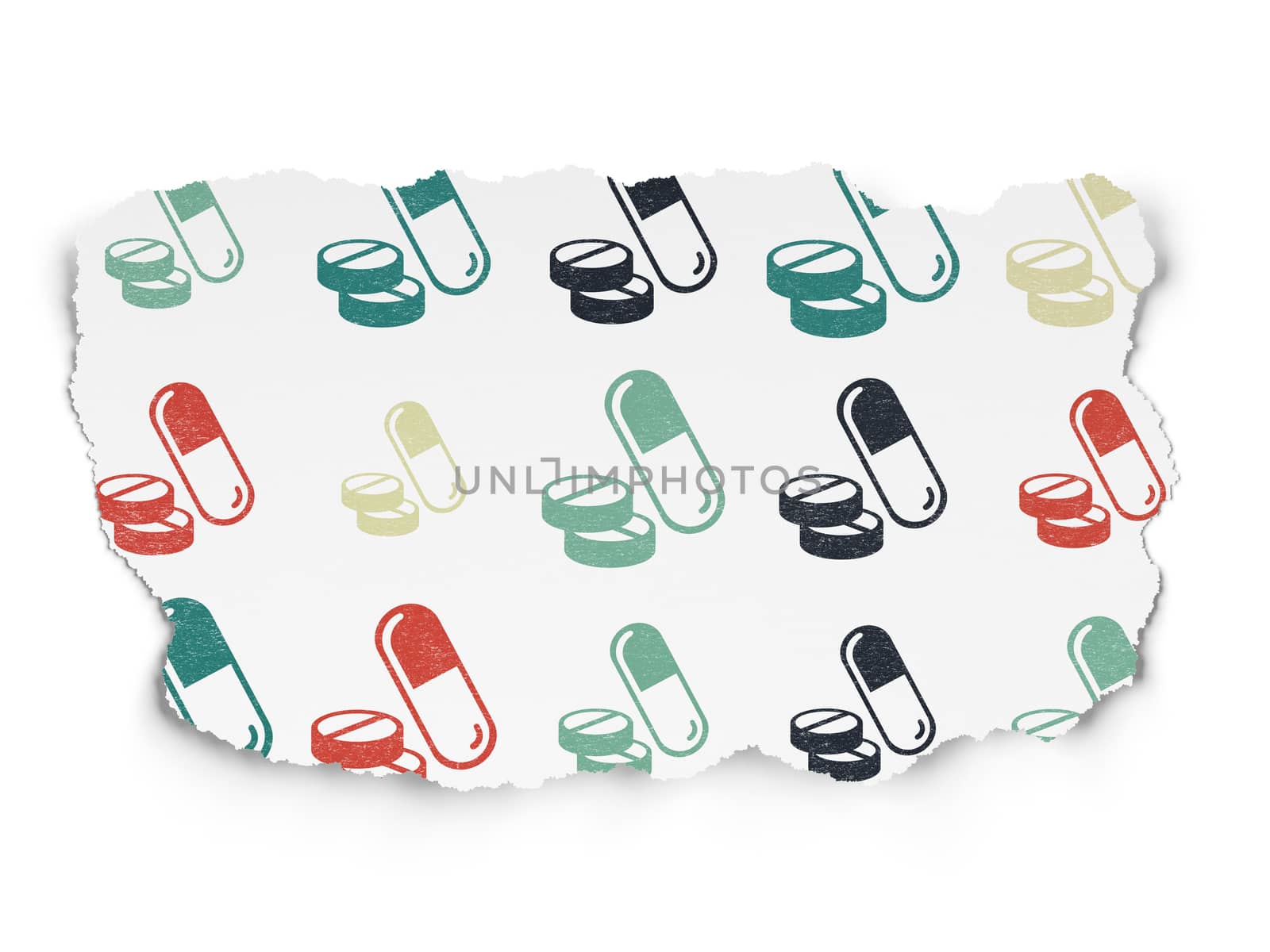 Health concept: Painted multicolor Pills icons on Torn Paper background