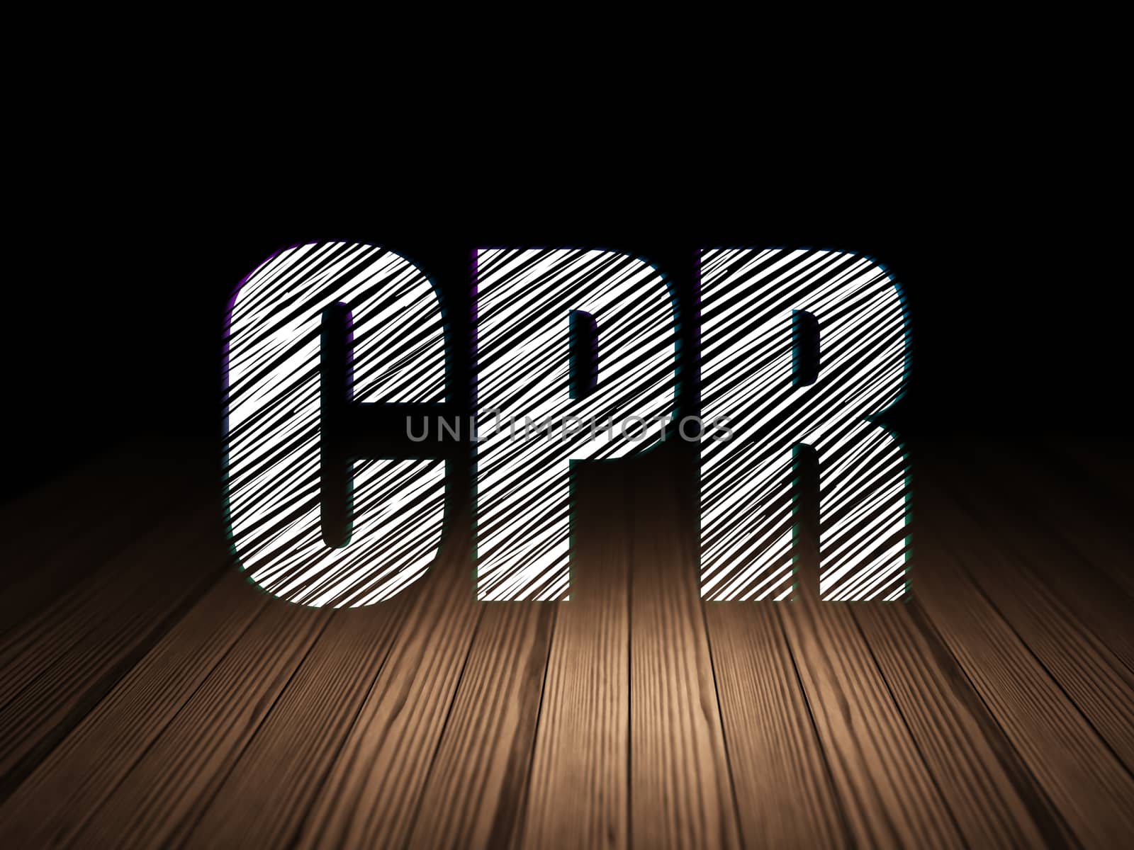Healthcare concept: Glowing text CPR in grunge dark room with Wooden Floor, black background