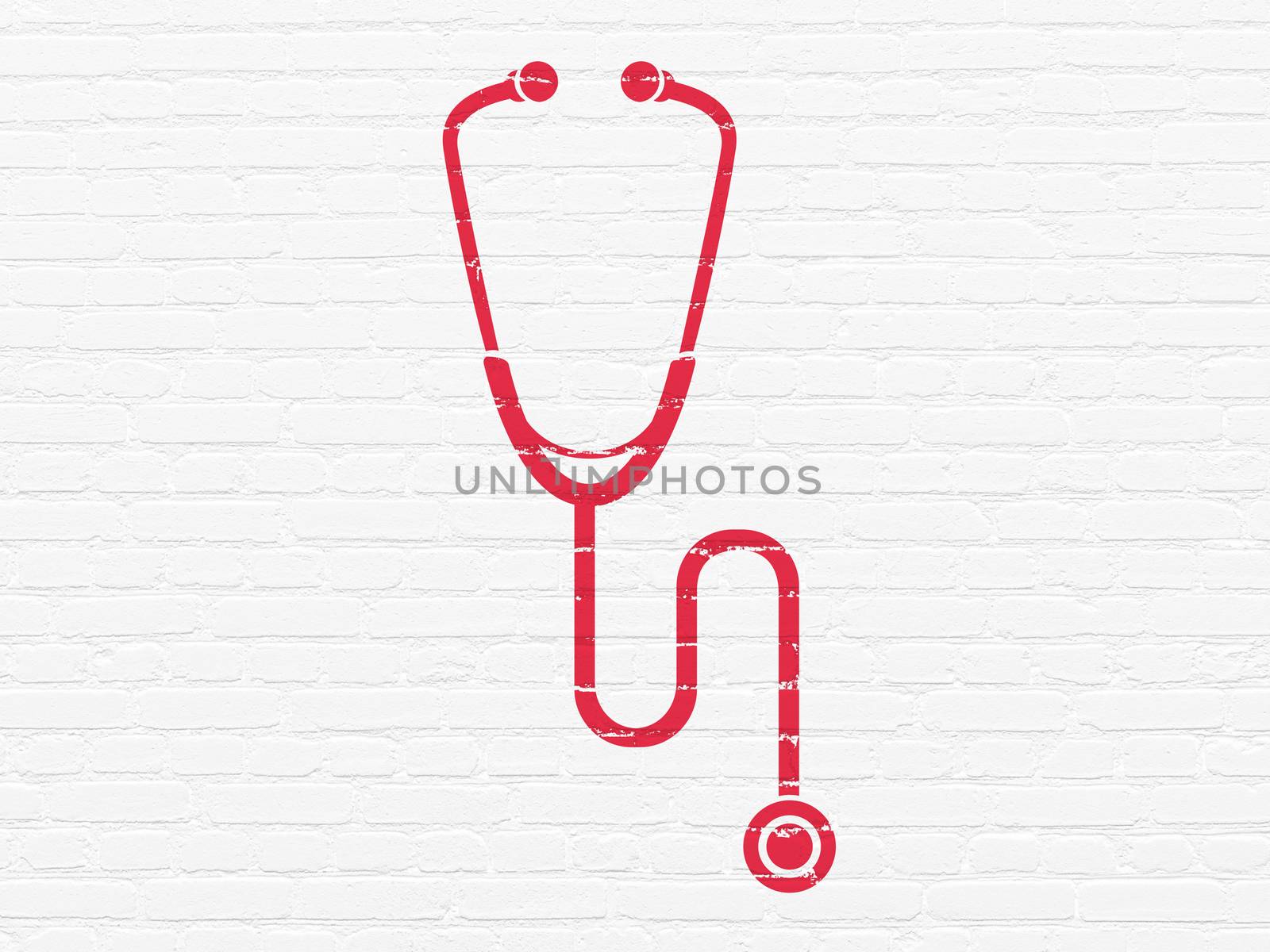 Healthcare concept: Painted red Stethoscope icon on White Brick wall background