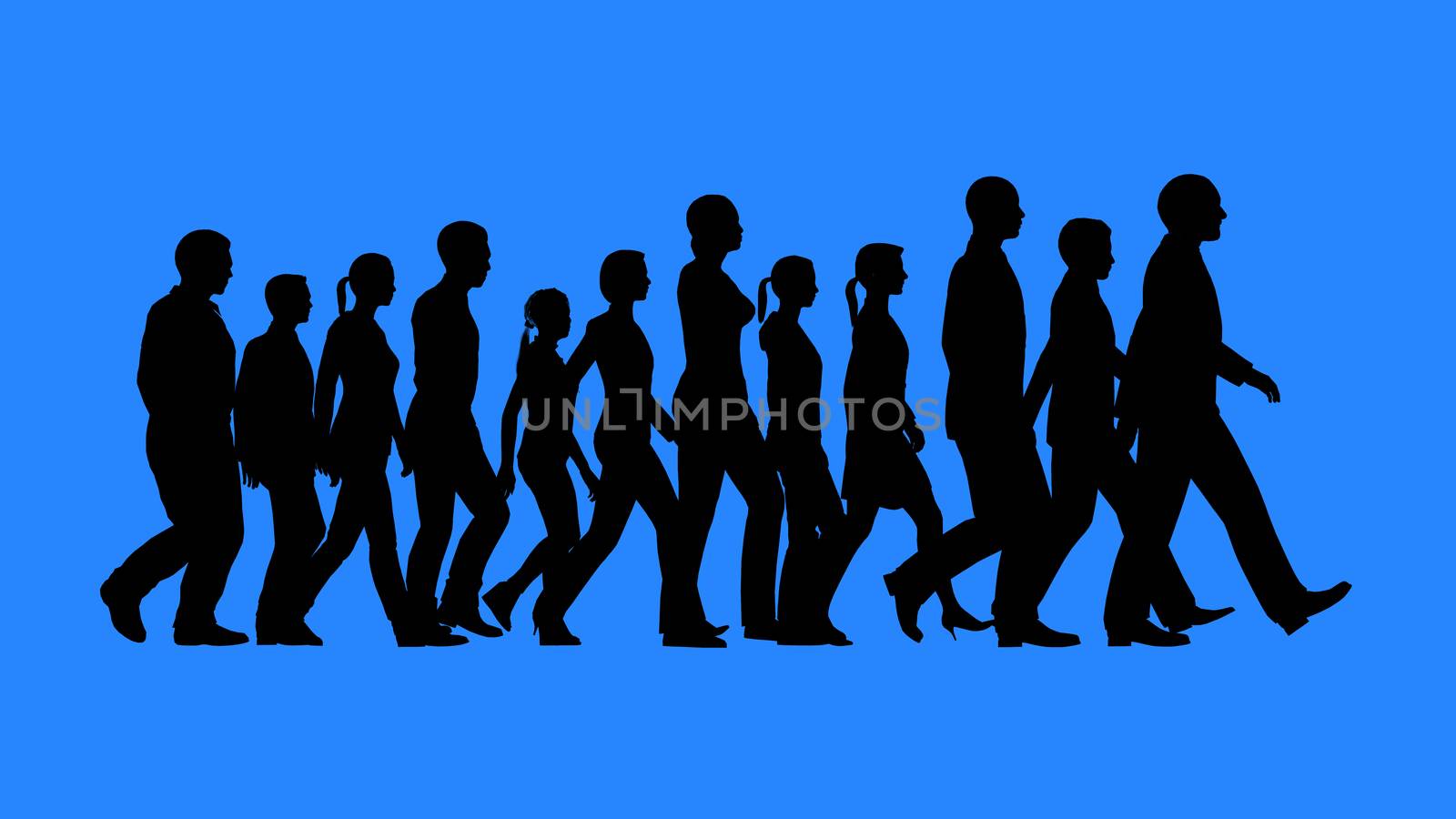 Group of people walking silhouettes isolated on blue background. Team work concept.