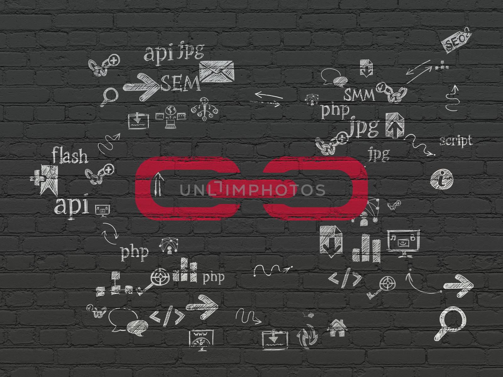 Web design concept: Painted red Link icon on Black Brick wall background with Scheme Of Hand Drawn Site Development Icons