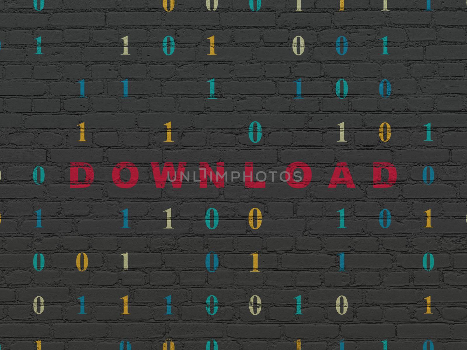 Web development concept: Painted red text Download on Black Brick wall background with Binary Code