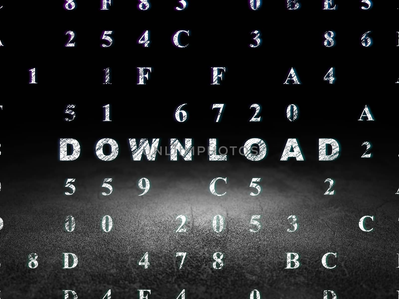 Web design concept: Glowing text Download in grunge dark room with Dirty Floor, black background with Hexadecimal Code