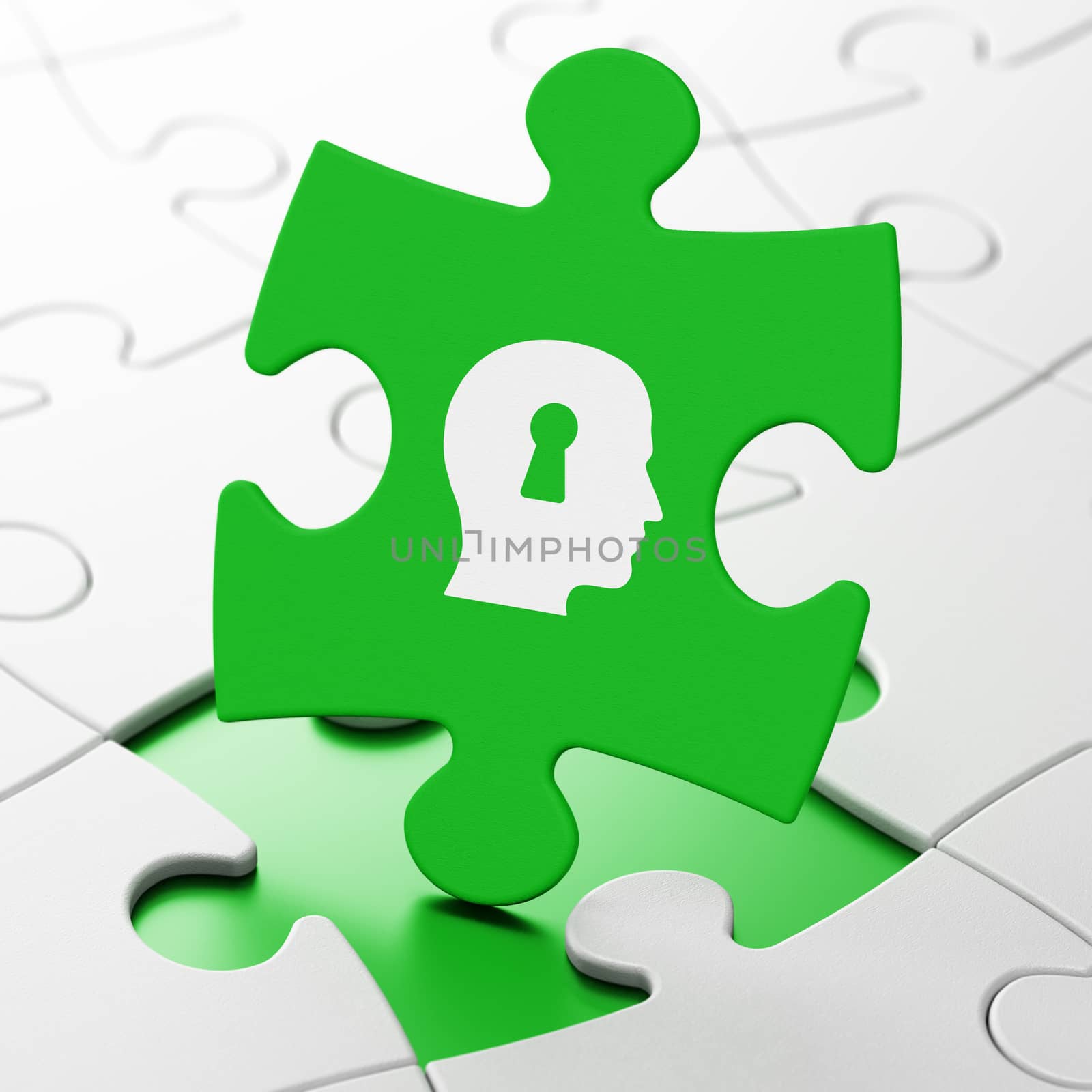 Finance concept: Head With Keyhole on Green puzzle pieces background, 3d render