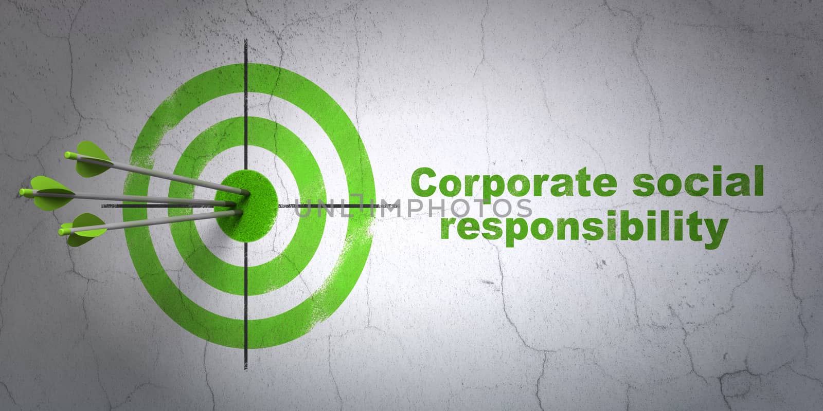Success finance concept: arrows hitting the center of target, Green Corporate Social Responsibility on wall background