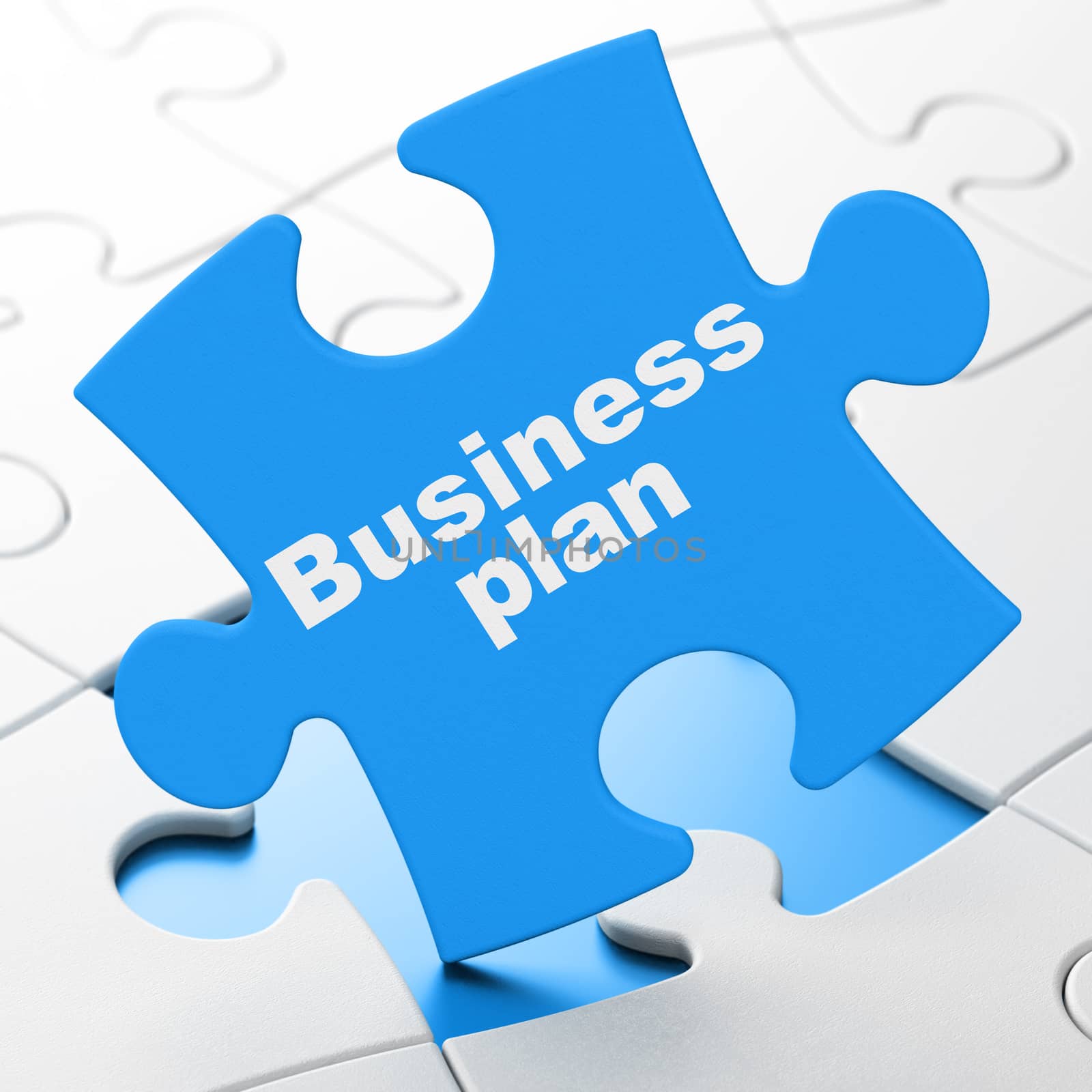 Finance concept: Business Plan on Blue puzzle pieces background, 3d render