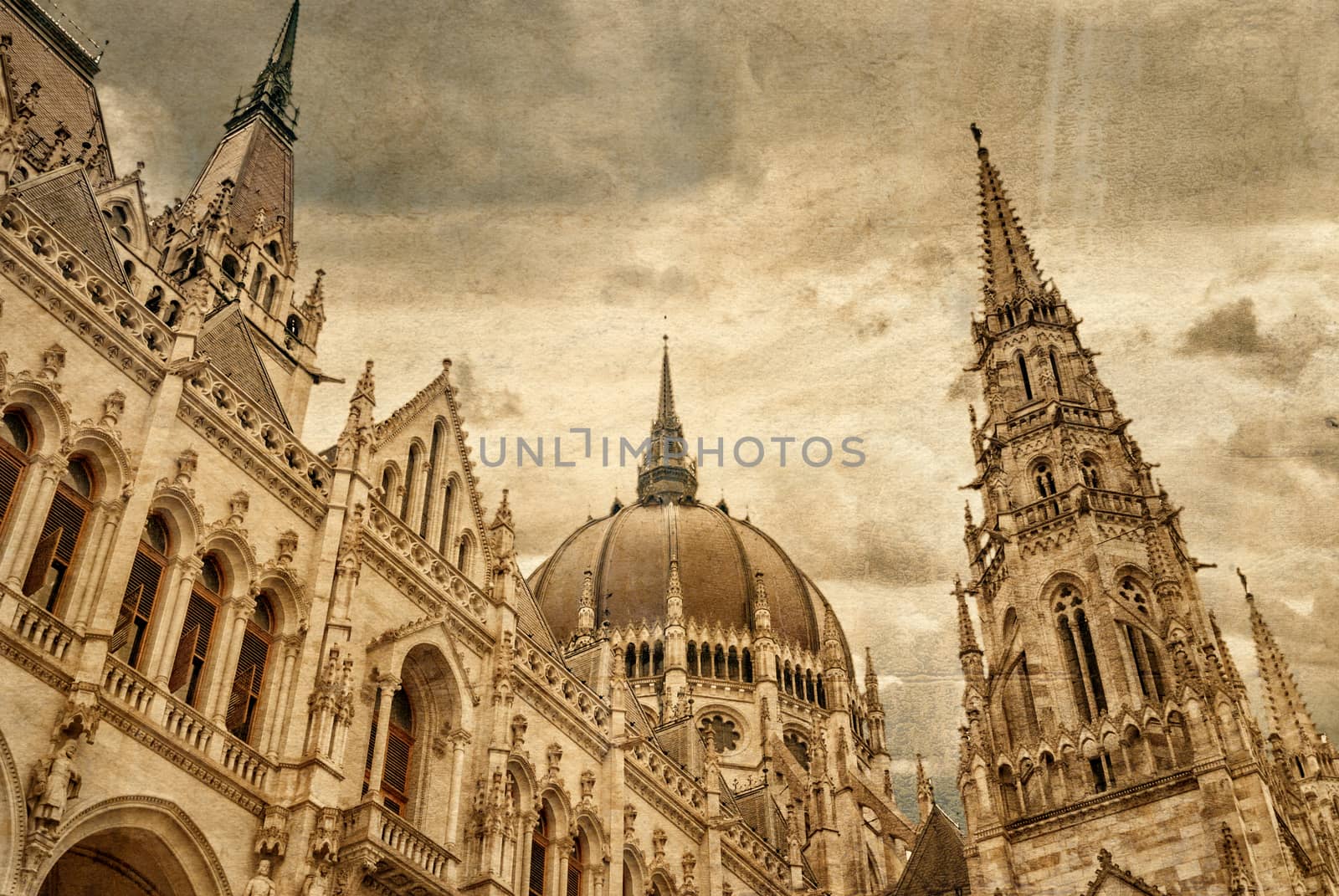 Retro photograph of Hungarian parliament building by Danube river. Budapest, Hungary. Vintage style