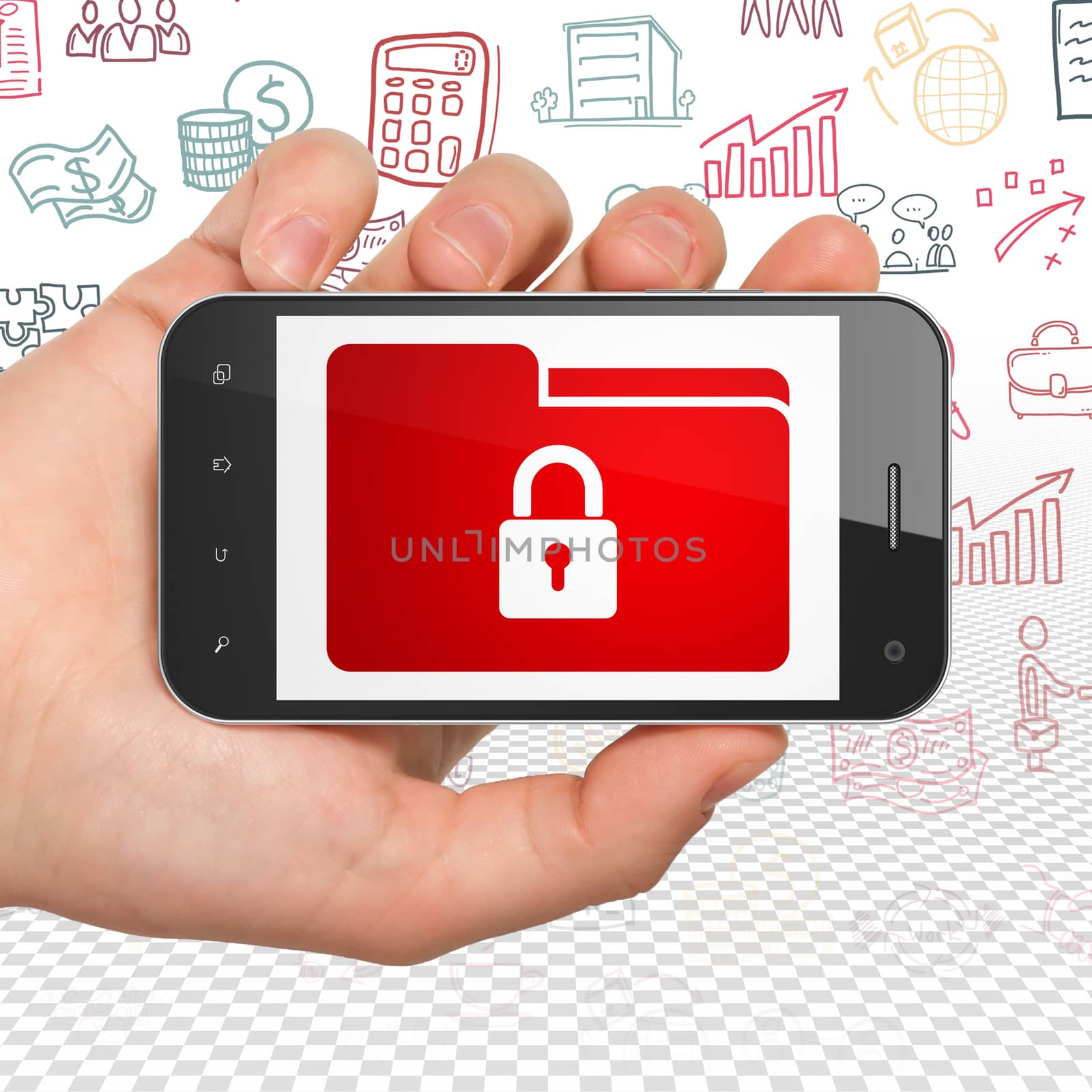 Business concept: Hand Holding Smartphone with  red Folder With Lock icon on display,  Hand Drawn Business Icons background