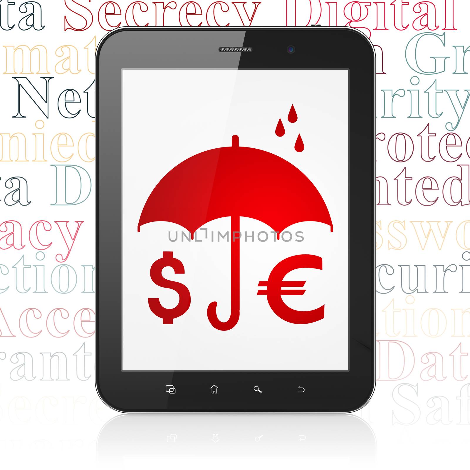 Safety concept: Tablet Computer with  red Money And Umbrella icon on display,  Tag Cloud background