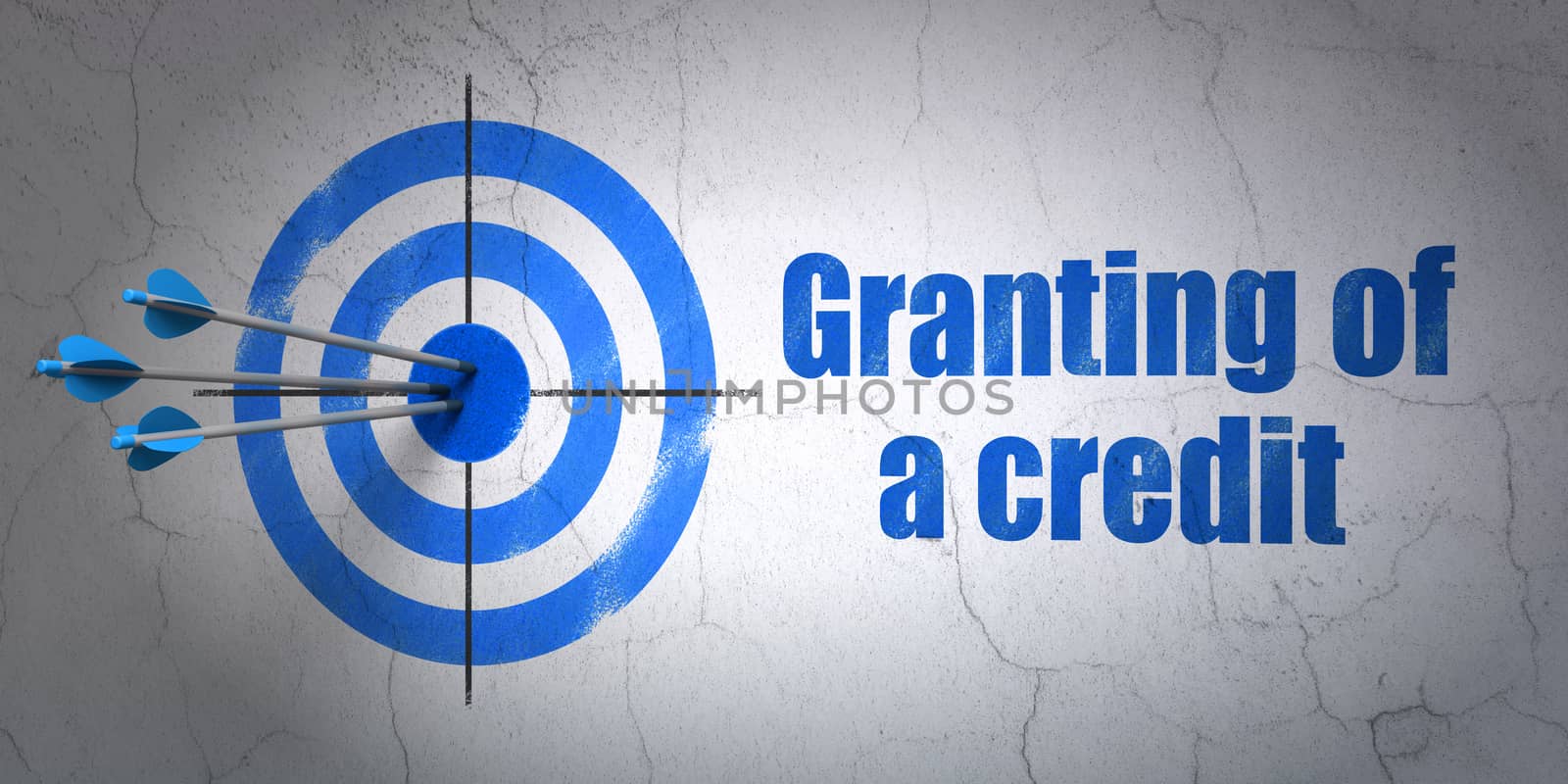 Success money concept: arrows hitting the center of target, Blue Granting of A credit on wall background