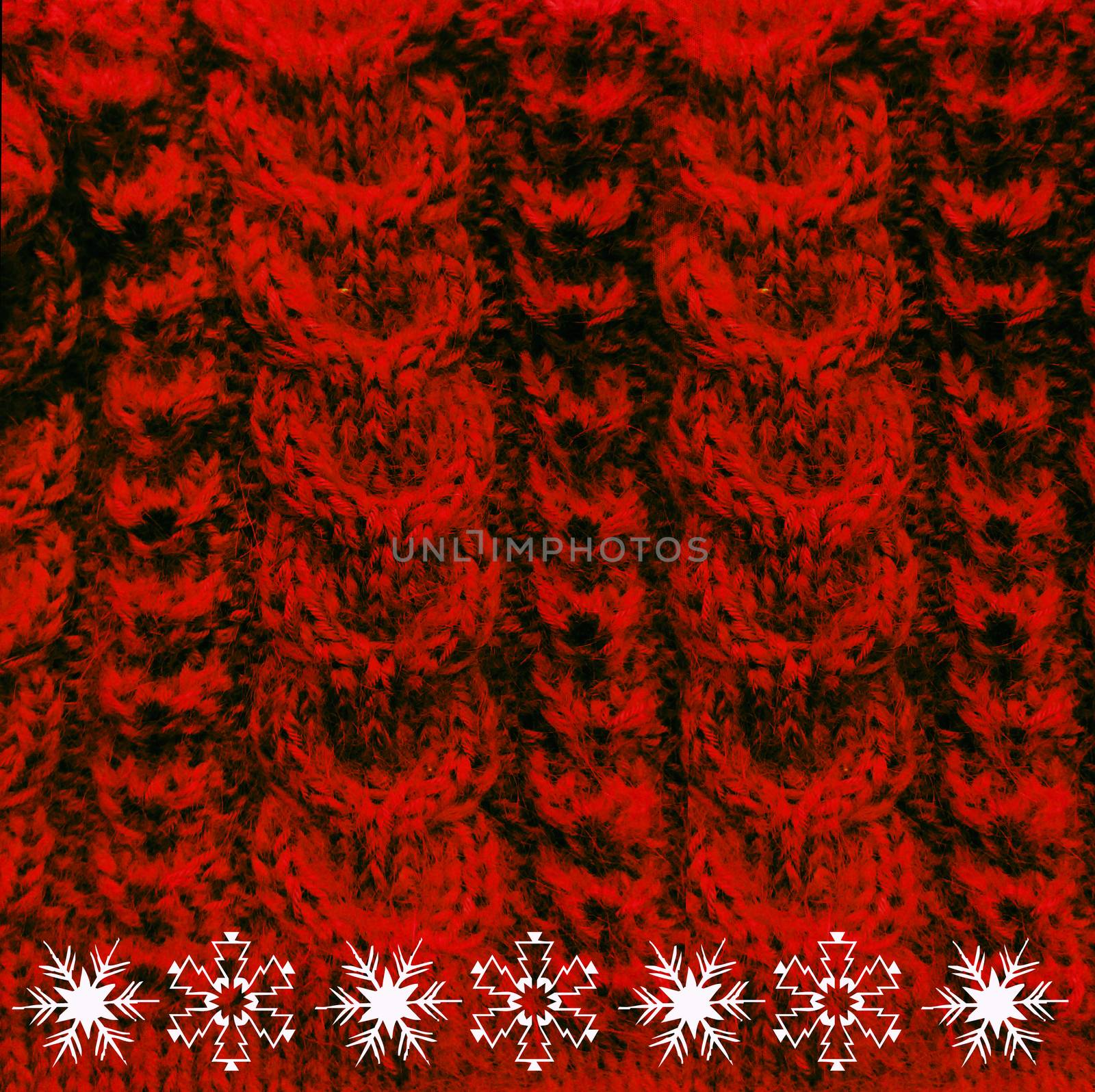 Knitted woolen texture braids red with snow crystal