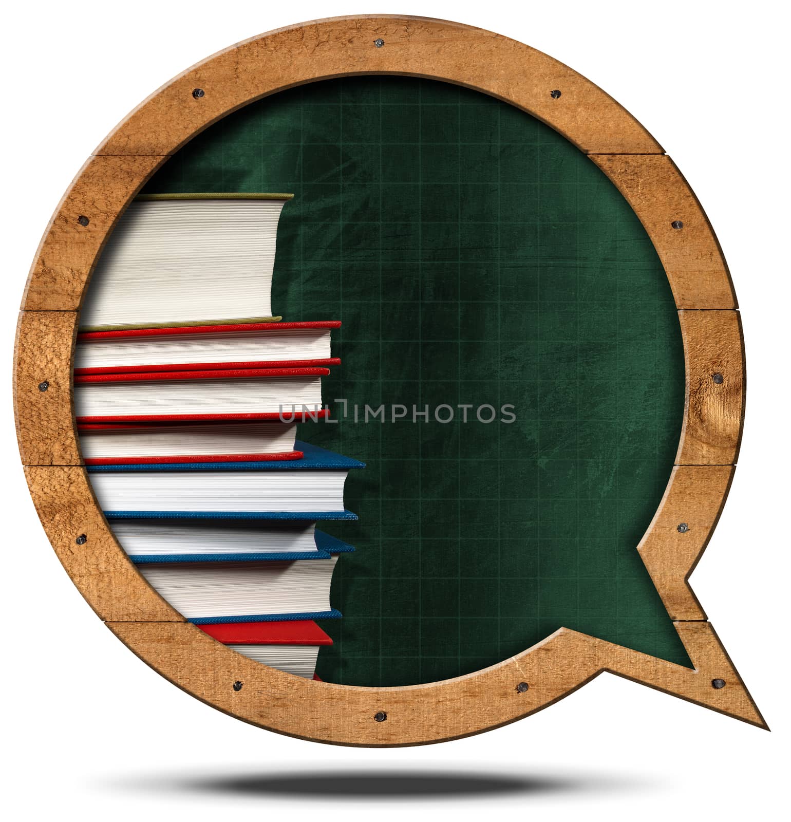 Empty blackboard with wooden frame in the shape of a speech bubble with a stack of books. Isolated on white background