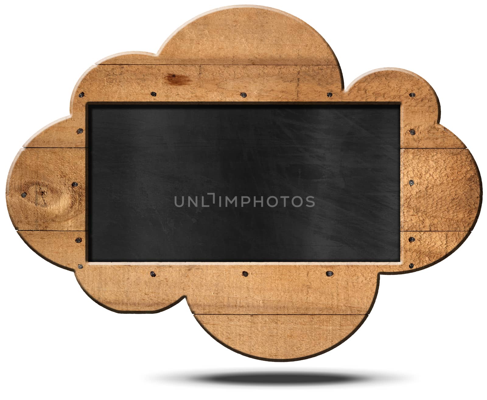 Empty blackboard with wooden frame in the shape of a cloud with nails. Isolated on white background