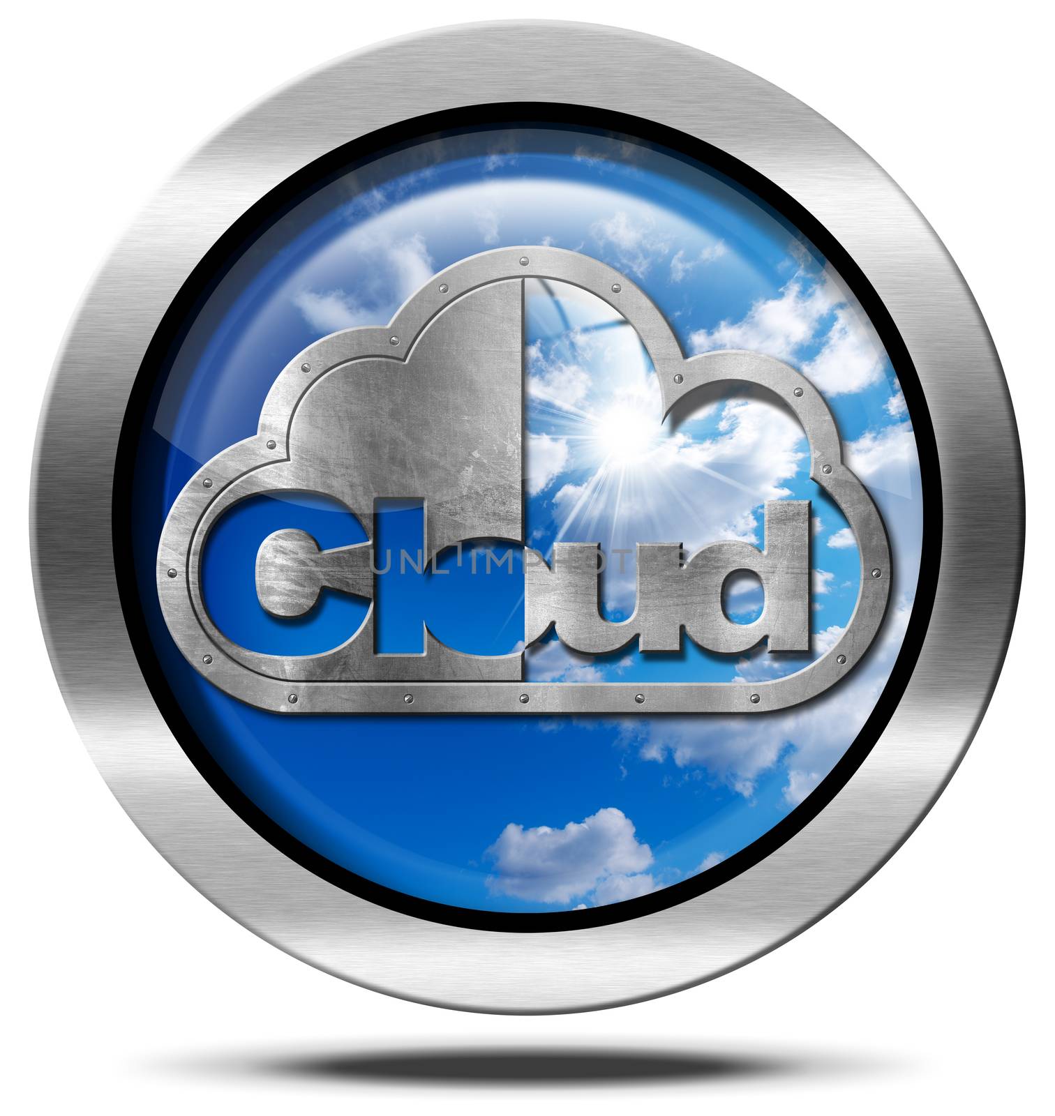 Round metal icon or symbol with metal cloud and sky with clouds and text Cloud. Concept of cloud computing