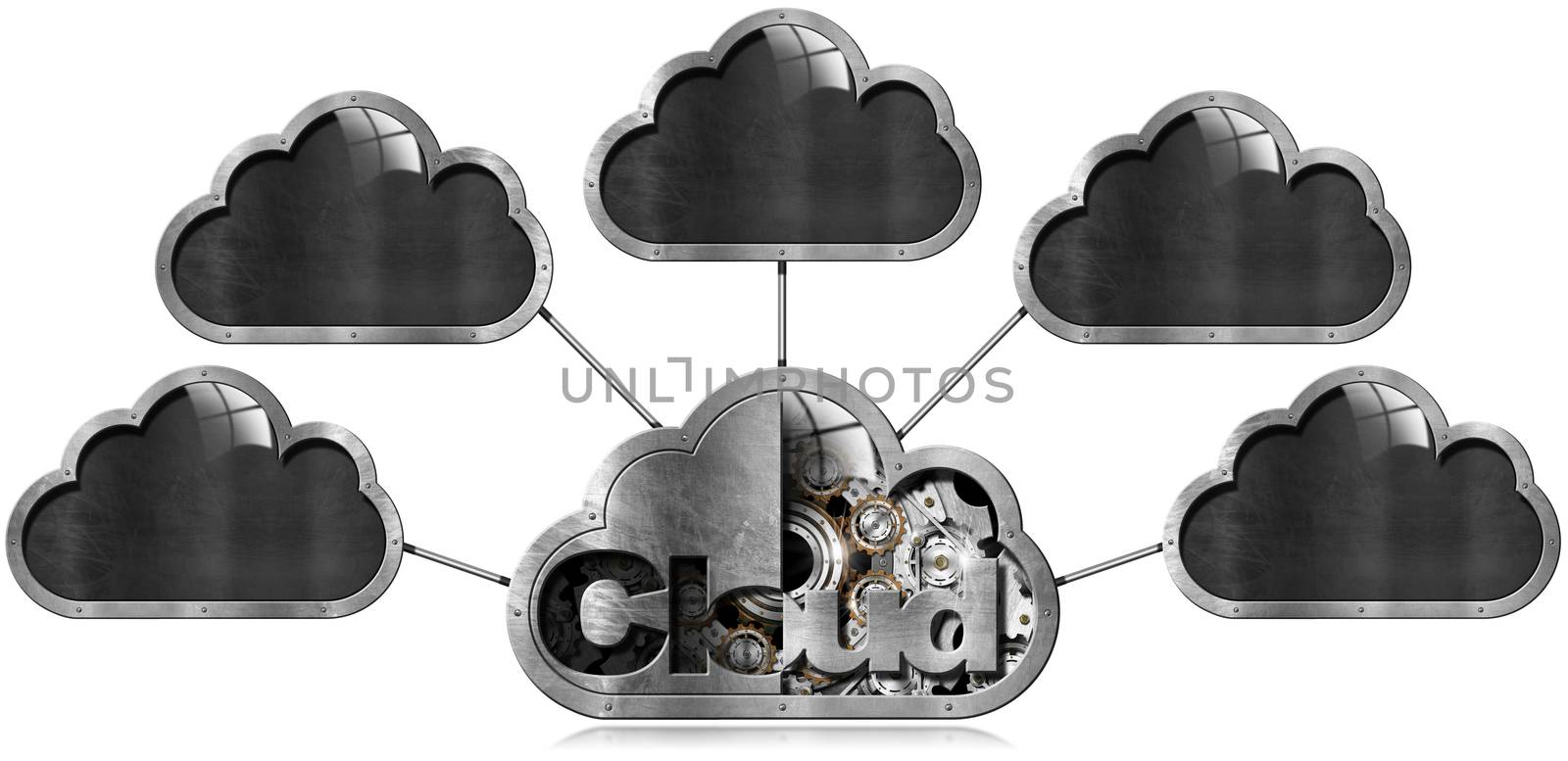 Metallic symbol in the shape of a cloud with metal gears connected to a five empty clouds. Concept of cloud computing