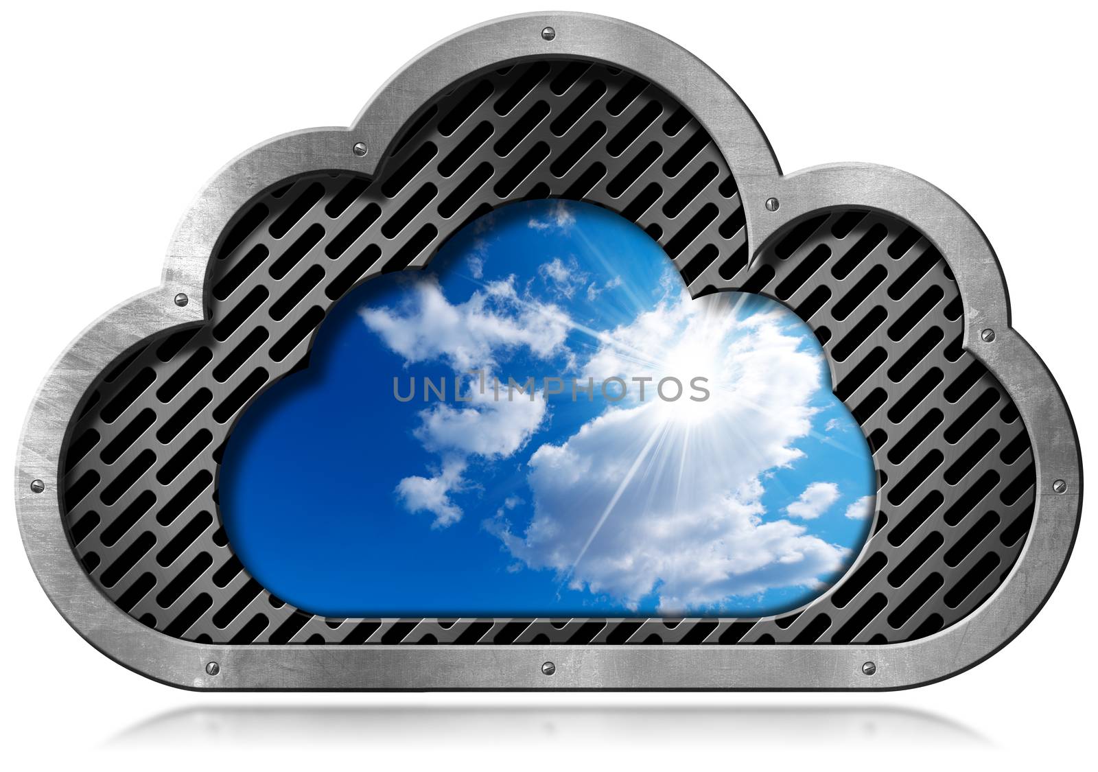 Metallic symbol in the shape of a cloud with a blue sky and clouds. Concept of cloud computing