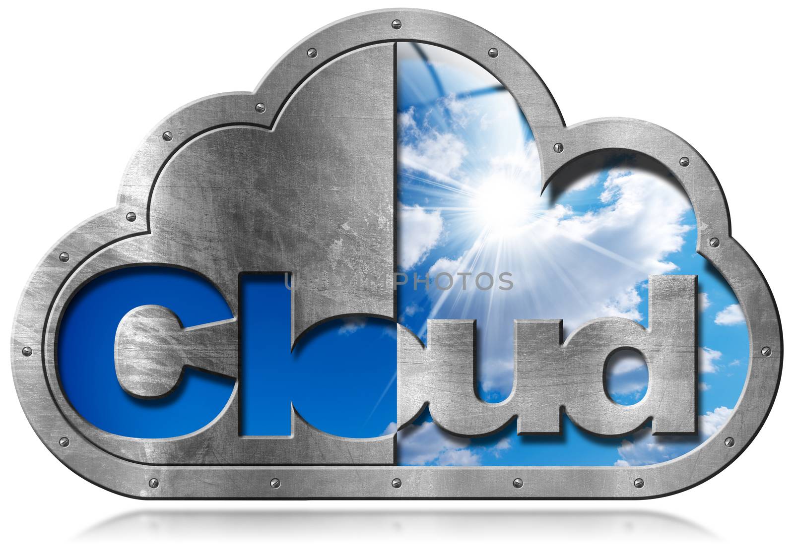 Metallic symbol in the shape of a cloud with a blue sky and clouds and text Cloud. Concept of cloud computing