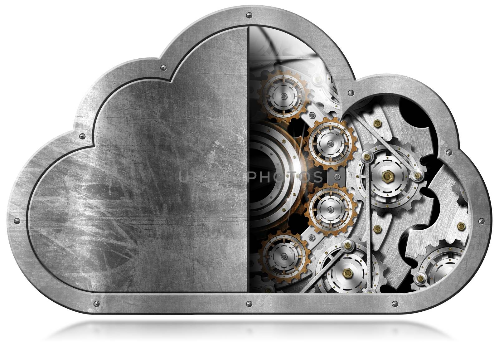 Metallic symbol in the shape of a cloud with metal gears. Concept of cloud computing