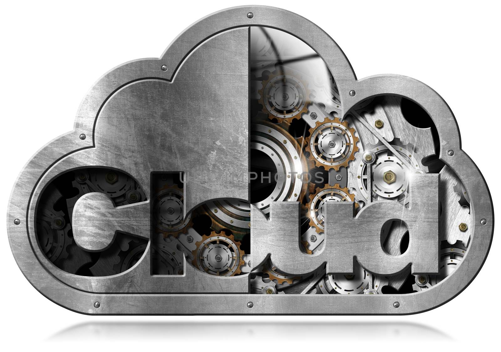 Metallic symbol in the shape of a cloud with metal gears and text Cloud. Concept of cloud computing