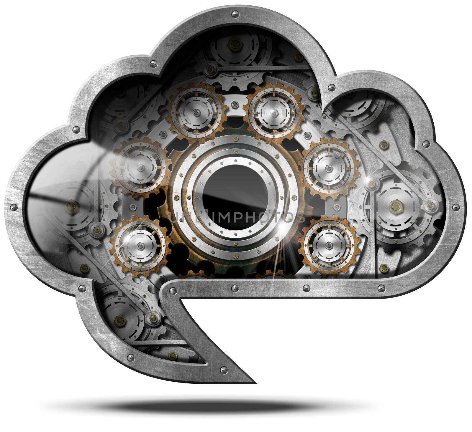Metallic cloud in the shape of speech bubble with metal gears. Concept of cloud computing