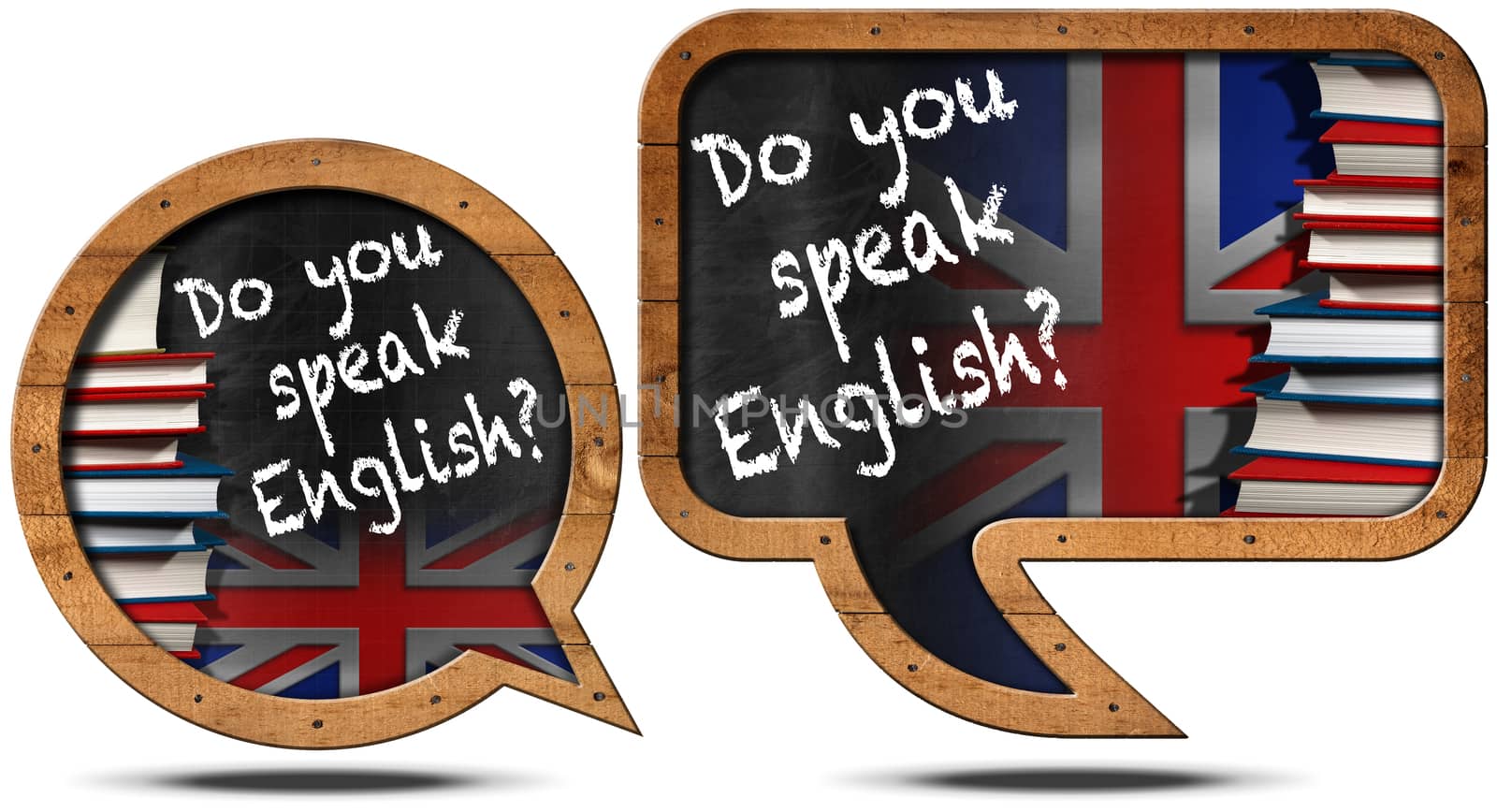 Two chalkboards with wooden frame in the shape of speech bubble with text Do you speak English? Books and uk flag