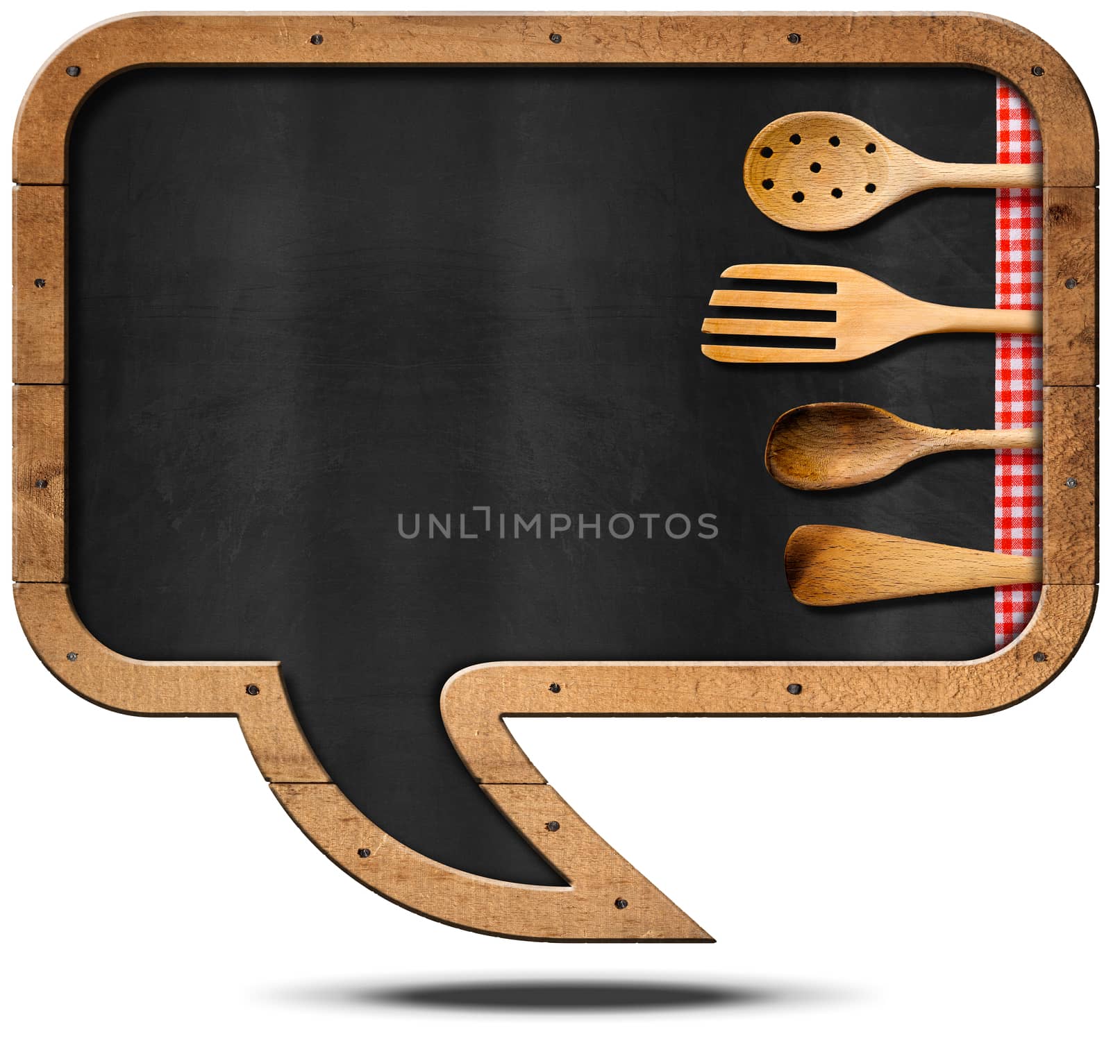 Empty blackboard with wooden frame in the shape of a speech bubble with four wooden kitchen utensils. Isolated on white background