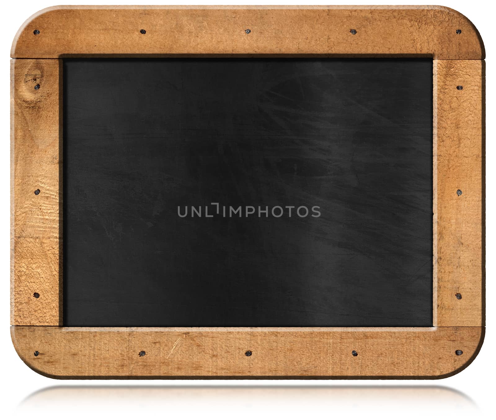 Old blank blackboard with wooden rectangular frame and nails. Isolated on white background