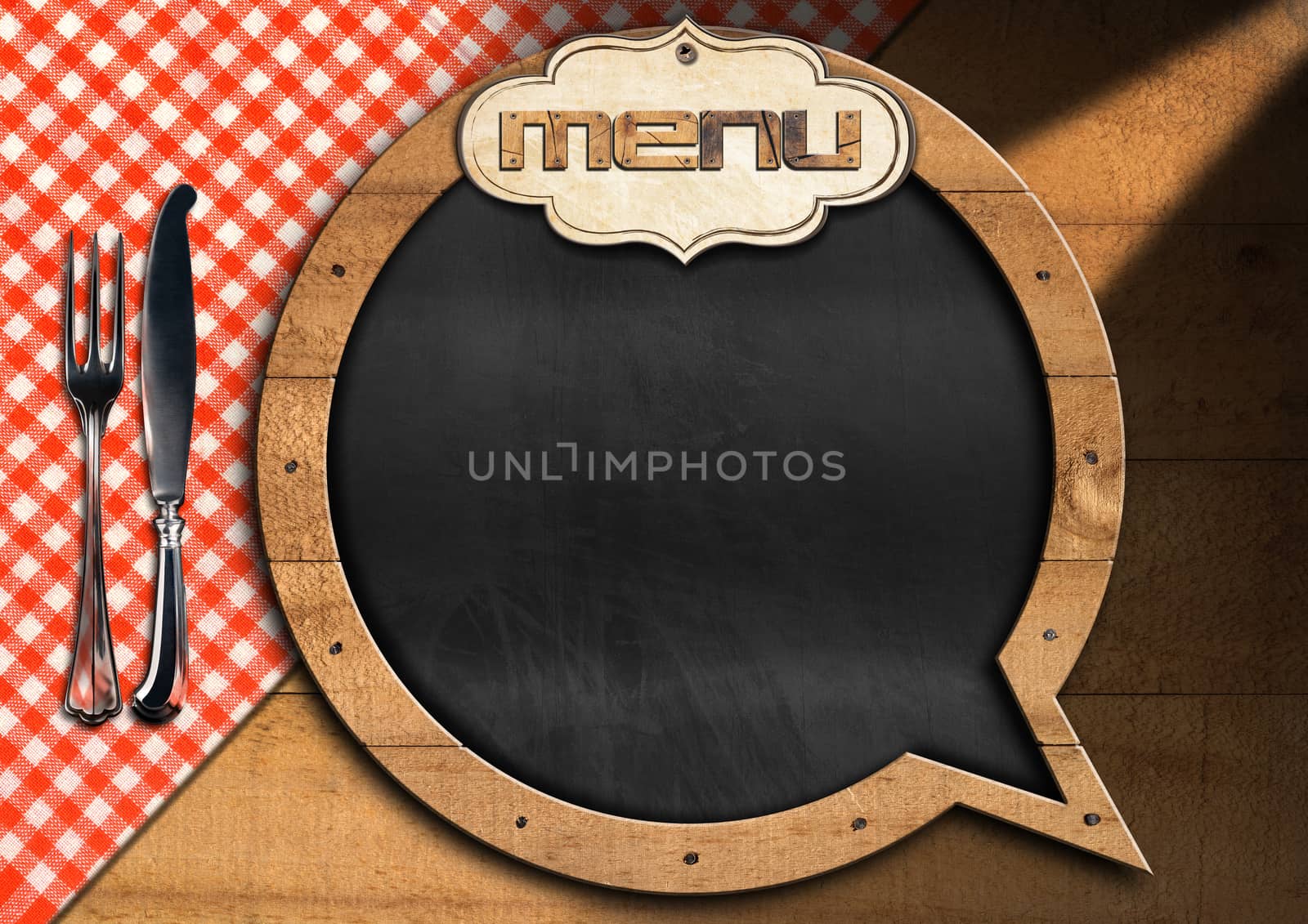 Restaurant menu with empty blackboard in the shape of speech bubble on a wooden background with silver cutlery and checkered tablecloth