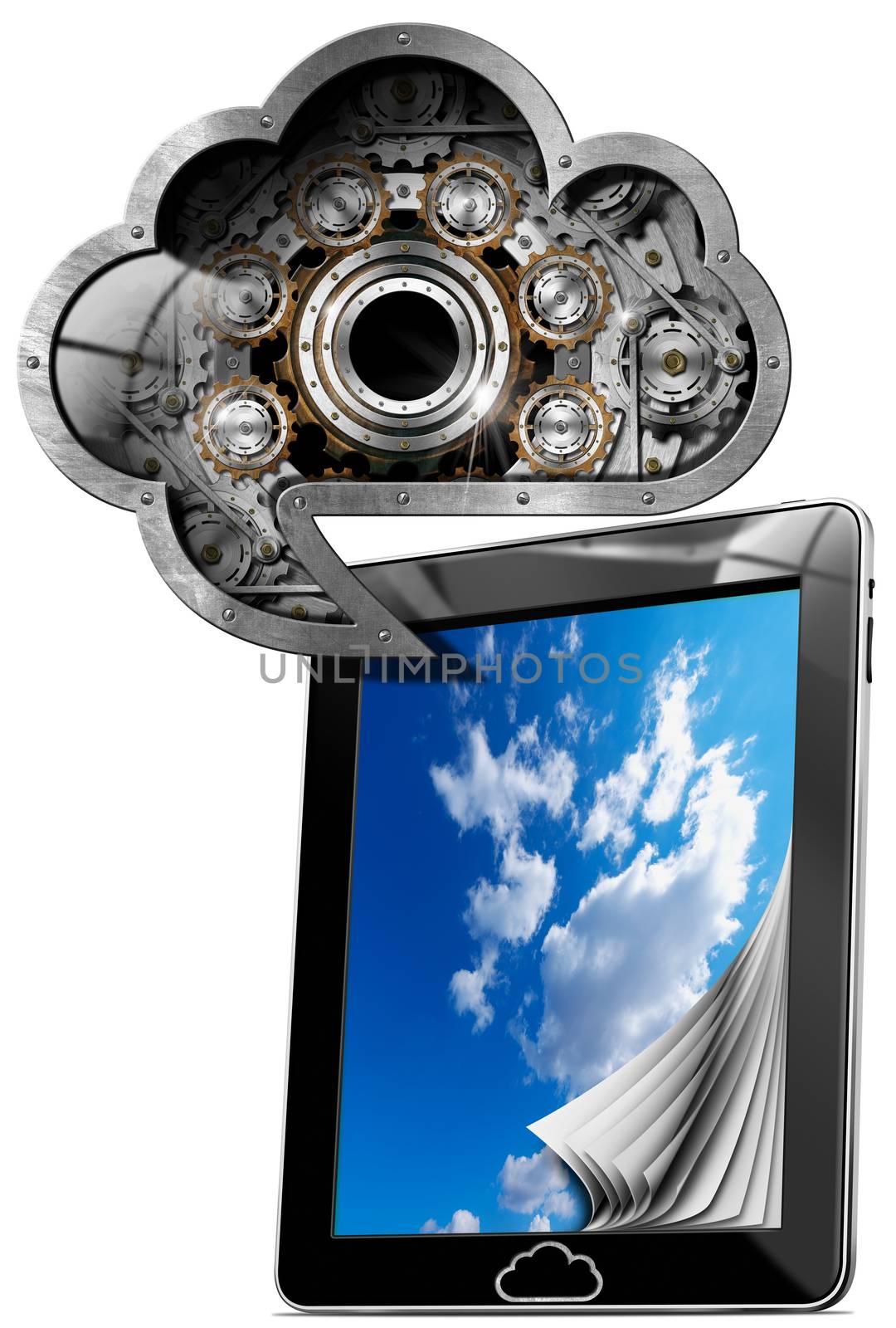 Tablet computer with metal symbol in the shape of a speech bubble and cloud with gears. Concept of cloud computing