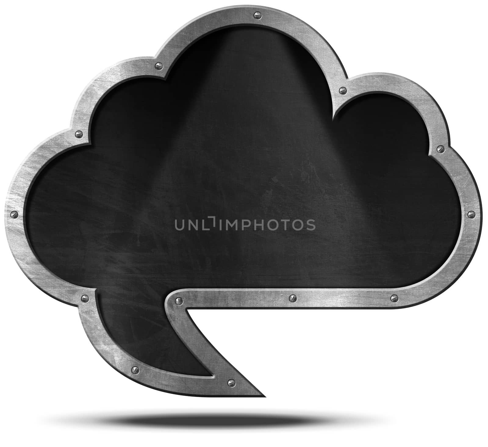 Empty blackboard with metallic frame in the shape of a speech bubble and cloud with screws. Isolated on white background