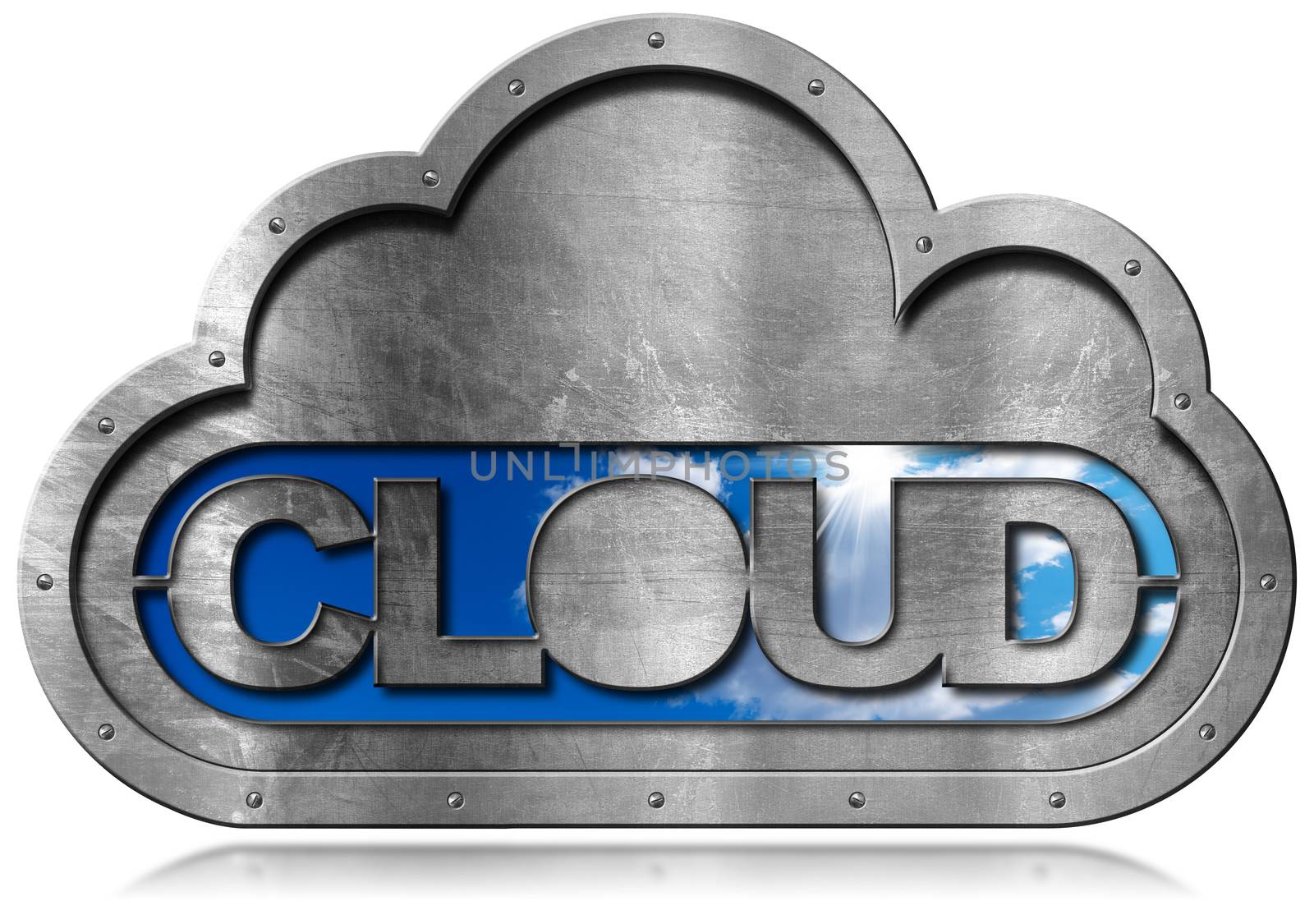 Metallic symbol in the shape of a cloud with a blue sky and clouds and text Cloud. Concept of cloud computing