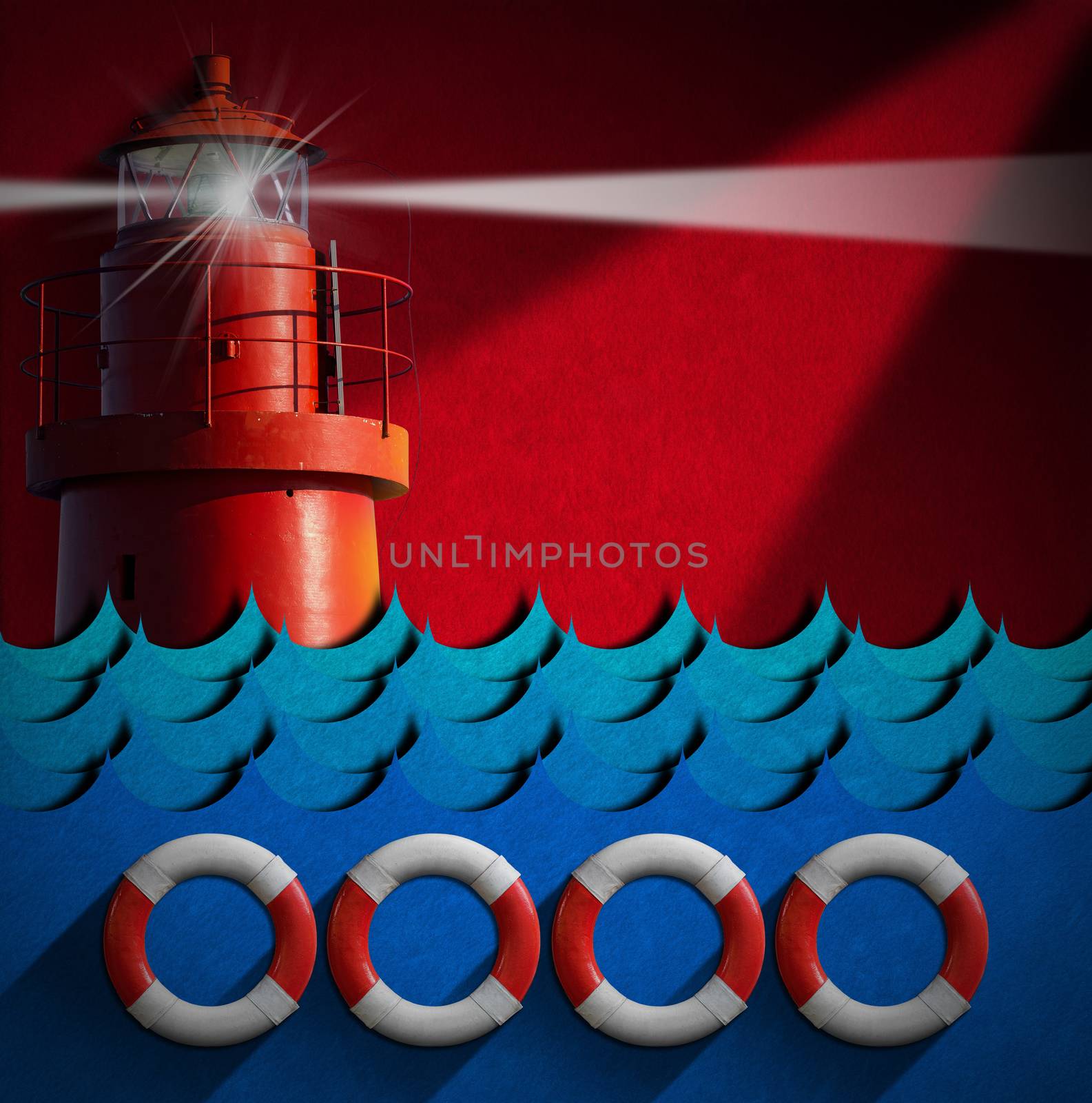 Red and white lifebuoys, blue sea waves and red lighthouse on a red background with shadows. Concept of help or sos
