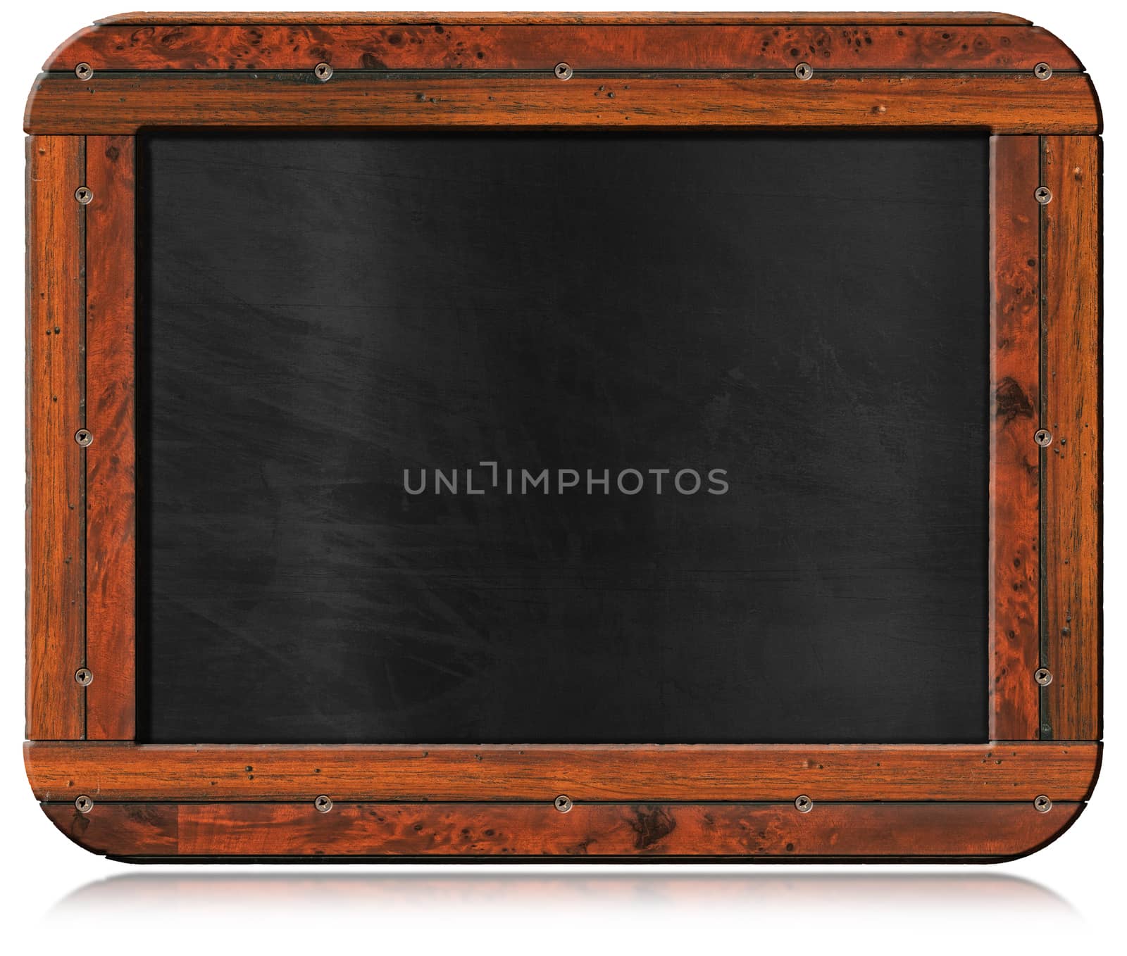 Old blank blackboard with wooden rectangular frame and screws. Isolated on white background