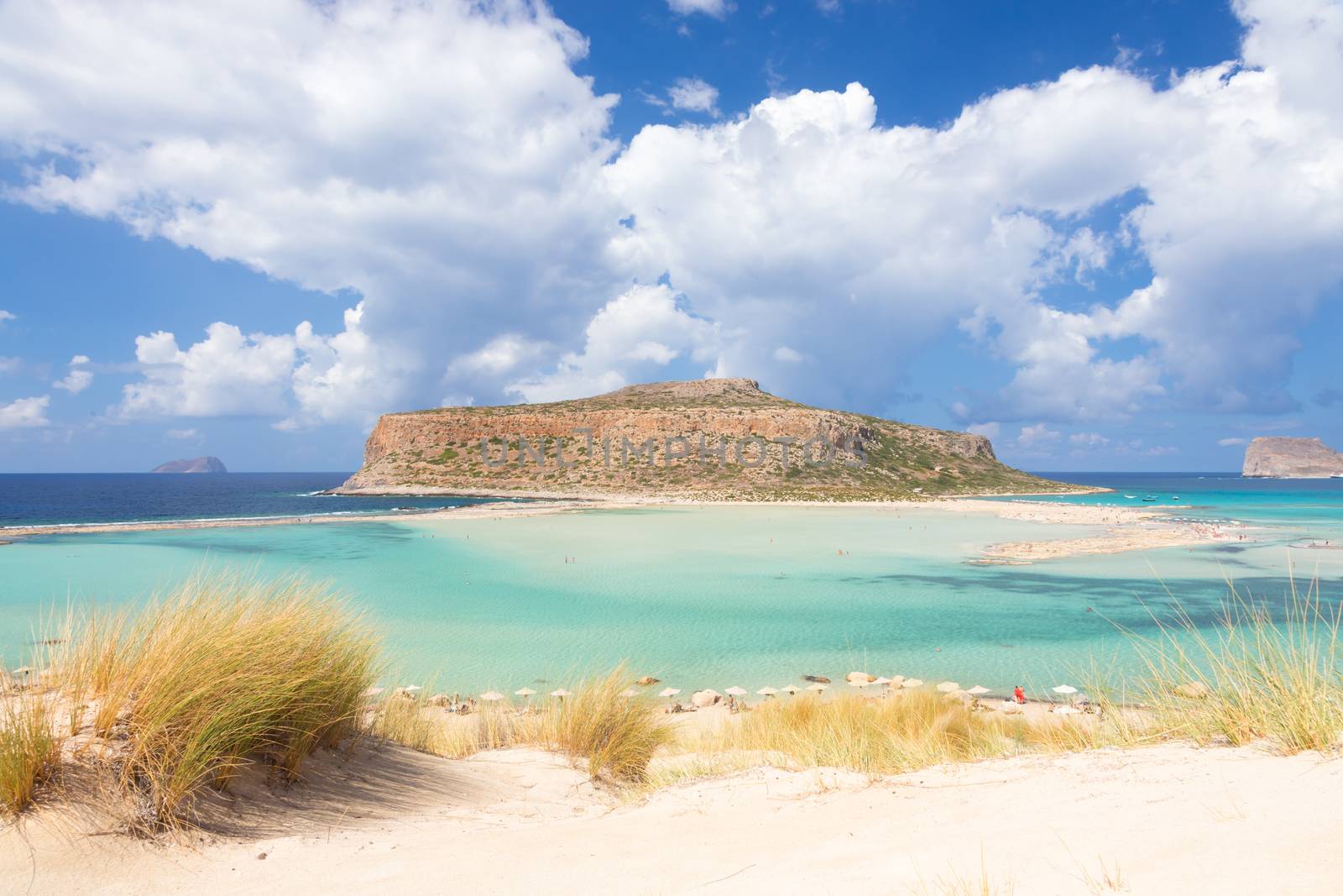 Breathtaking panorama of Balos beach and lagoon and Gramvousa island on Crete, Greece. Cap tigani in the center.