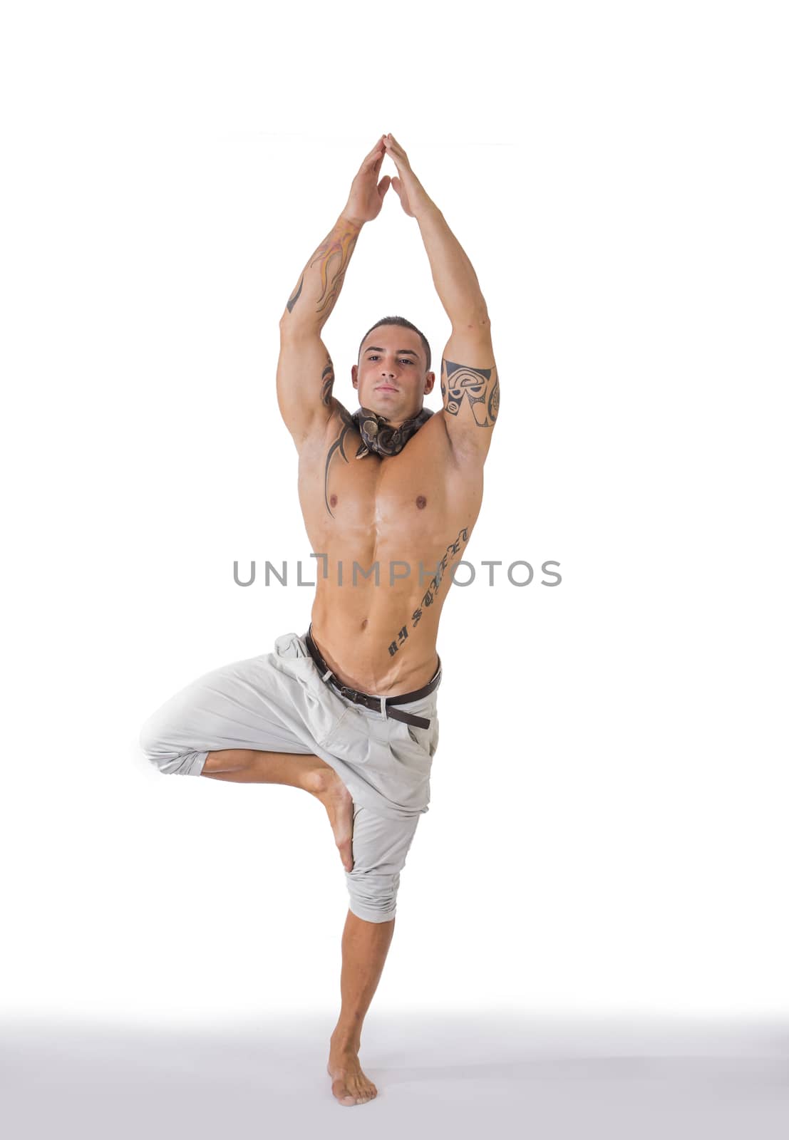 Muscular Shirtless Male Acrobatic Dancer or Yoga Practitioner Balancing on one Leg and Foot, in Studio Isolated on White Background