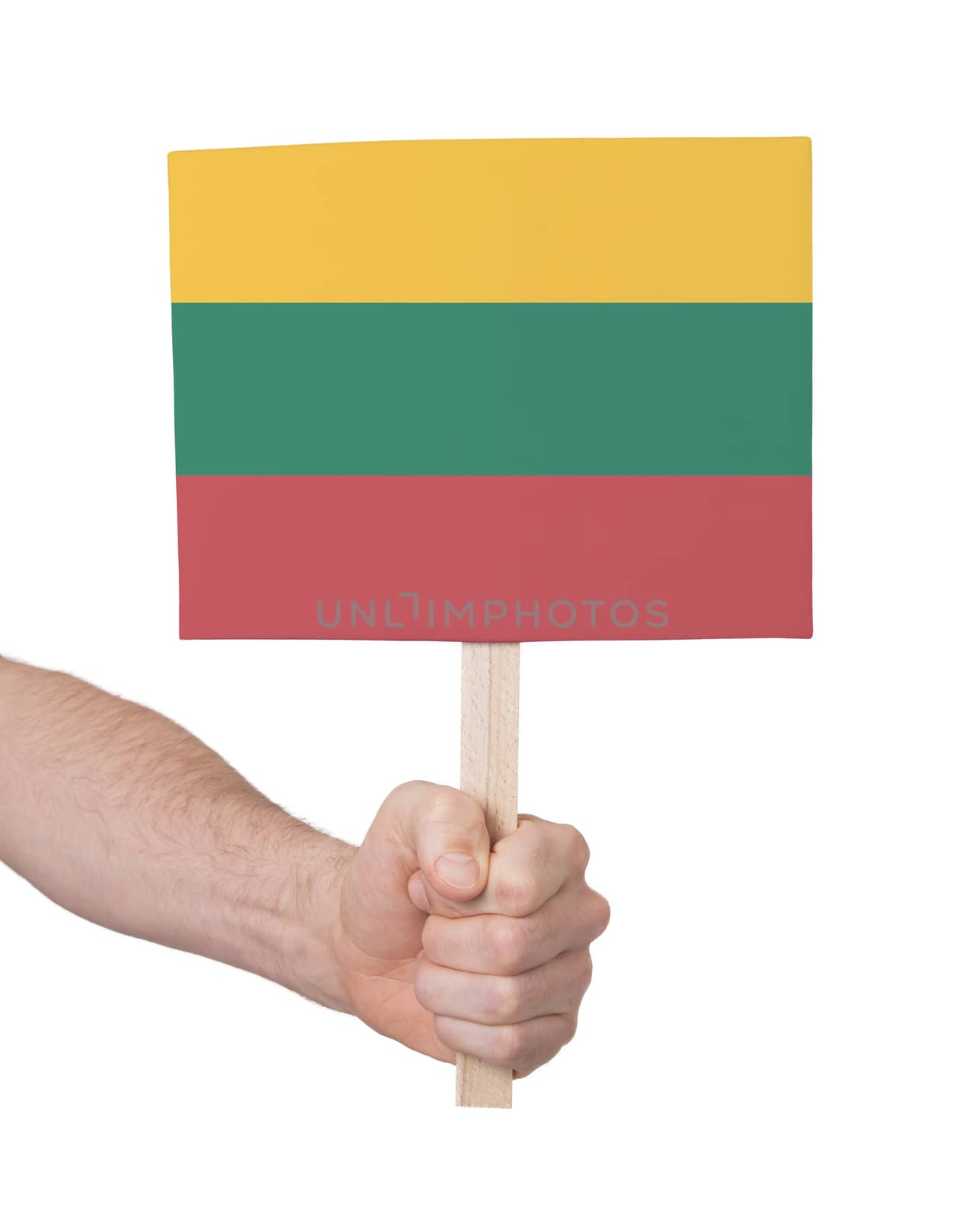 Hand holding small card, isolated on white - Flag of Lithuania