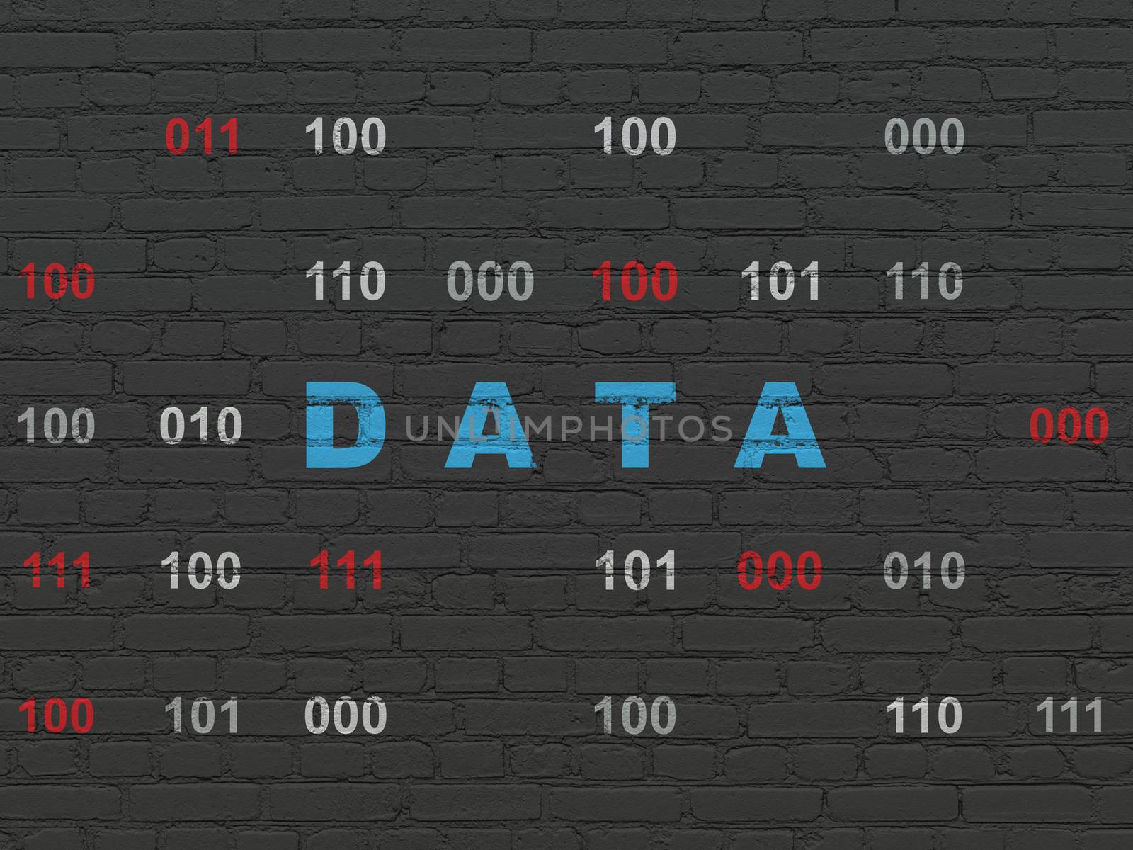 Data concept: Painted blue text Data on Black Brick wall background with Binary Code