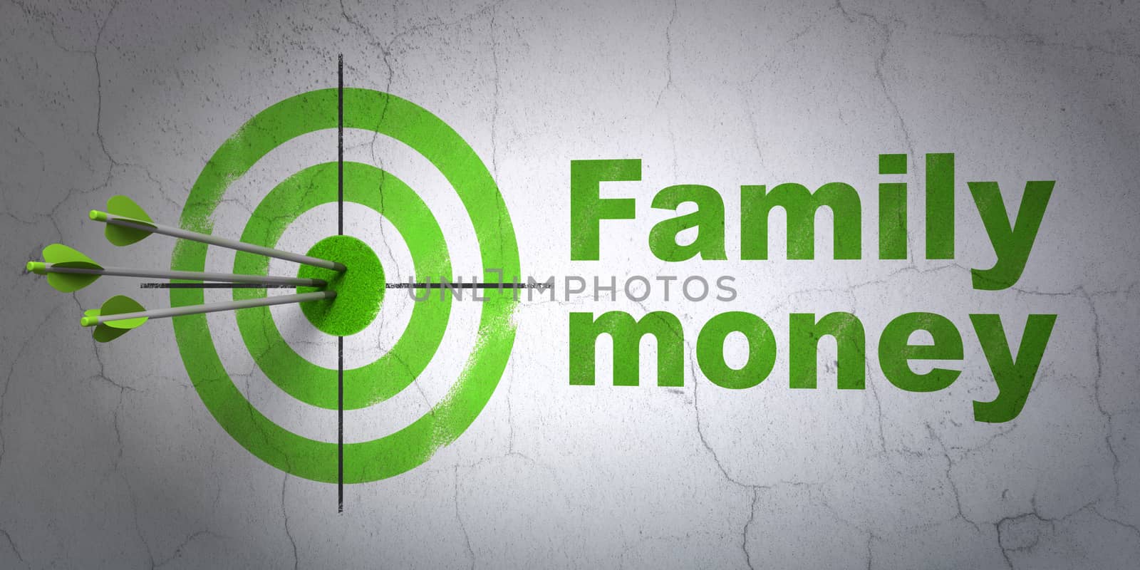 Success banking concept: arrows hitting the center of target, Green Family Money on wall background