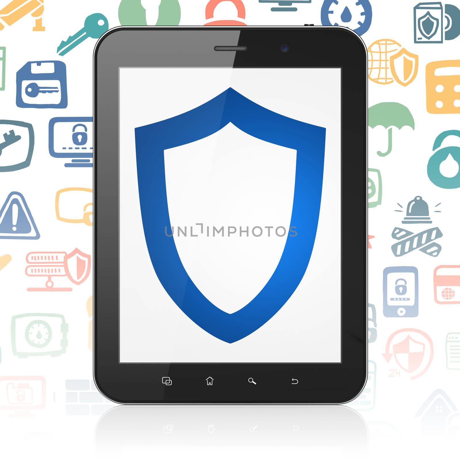 Privacy concept: Tablet Computer with  blue Contoured Shield icon on display,  Hand Drawn Security Icons background