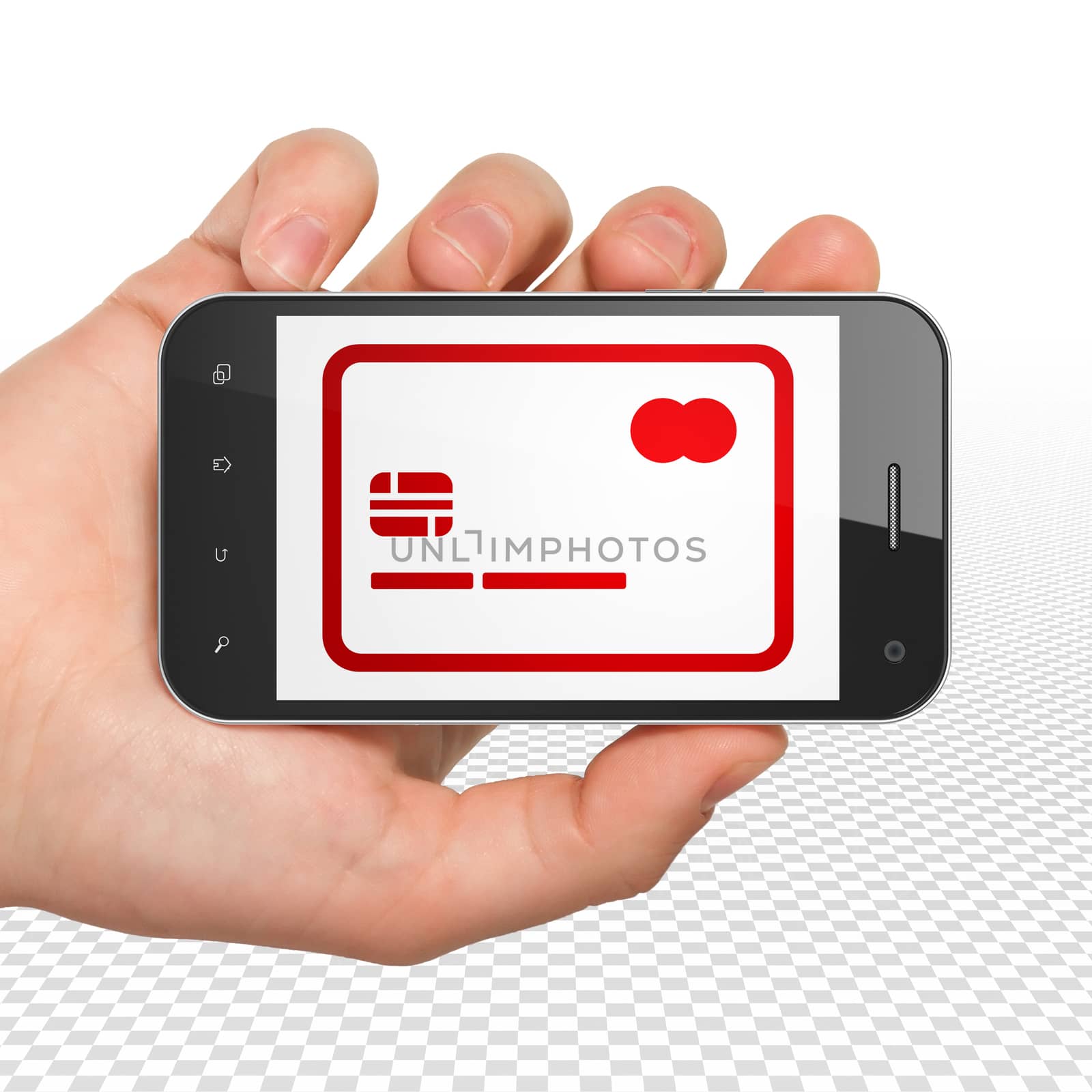 Business concept: Hand Holding Smartphone with  red Credit Card icon on display,  Binary Code background