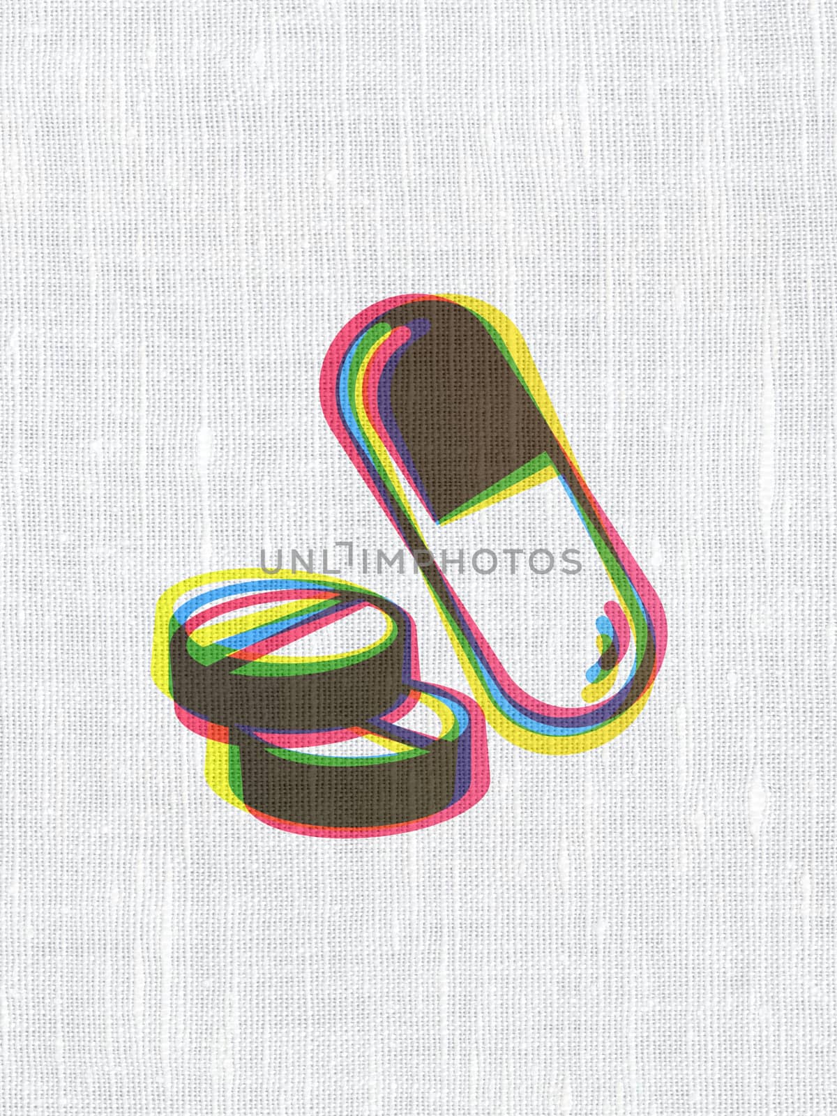 Healthcare concept: CMYK Pills on linen fabric texture background