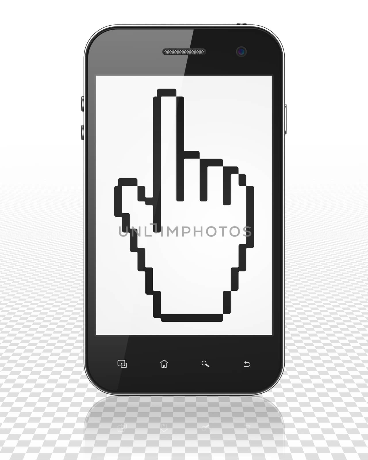Social network concept: Smartphone with black Mouse Cursor icon on display