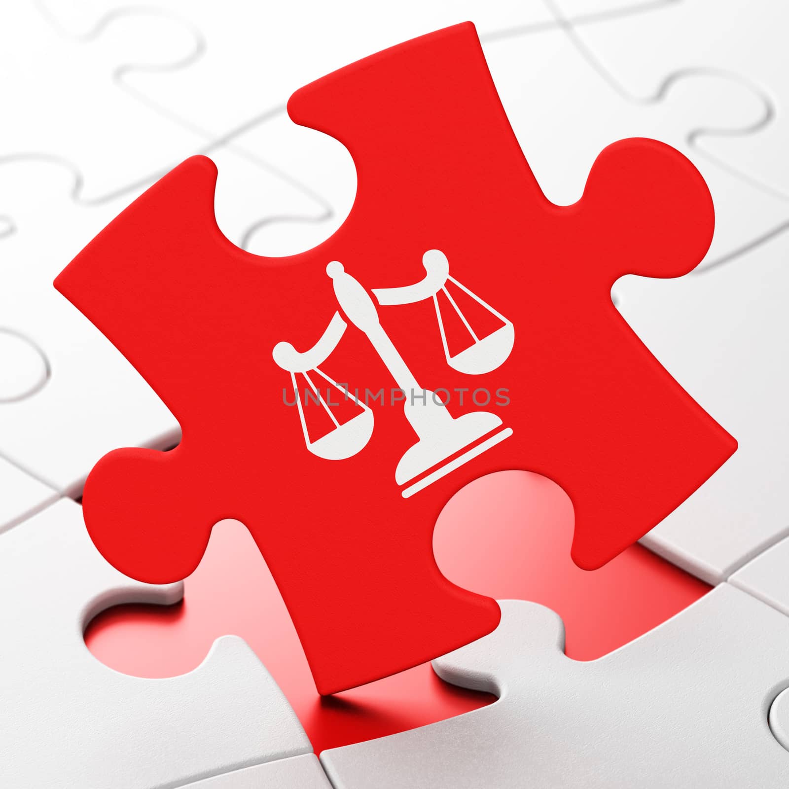 Law concept: Scales on Red puzzle pieces background, 3d render