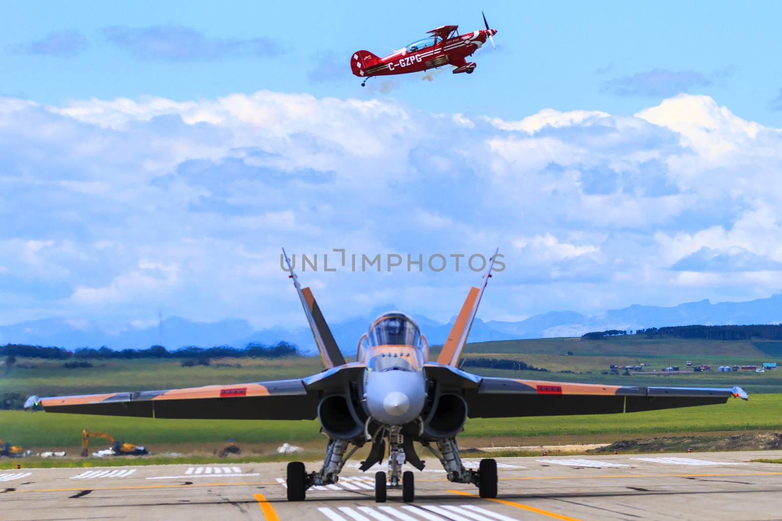 SPRINGBANK CANADA 20 JUL 2015:F-18 International Air Show and Open House for Canadian, USA and British current and historical military and civilian aircrafts. There were also numerous flights as well.