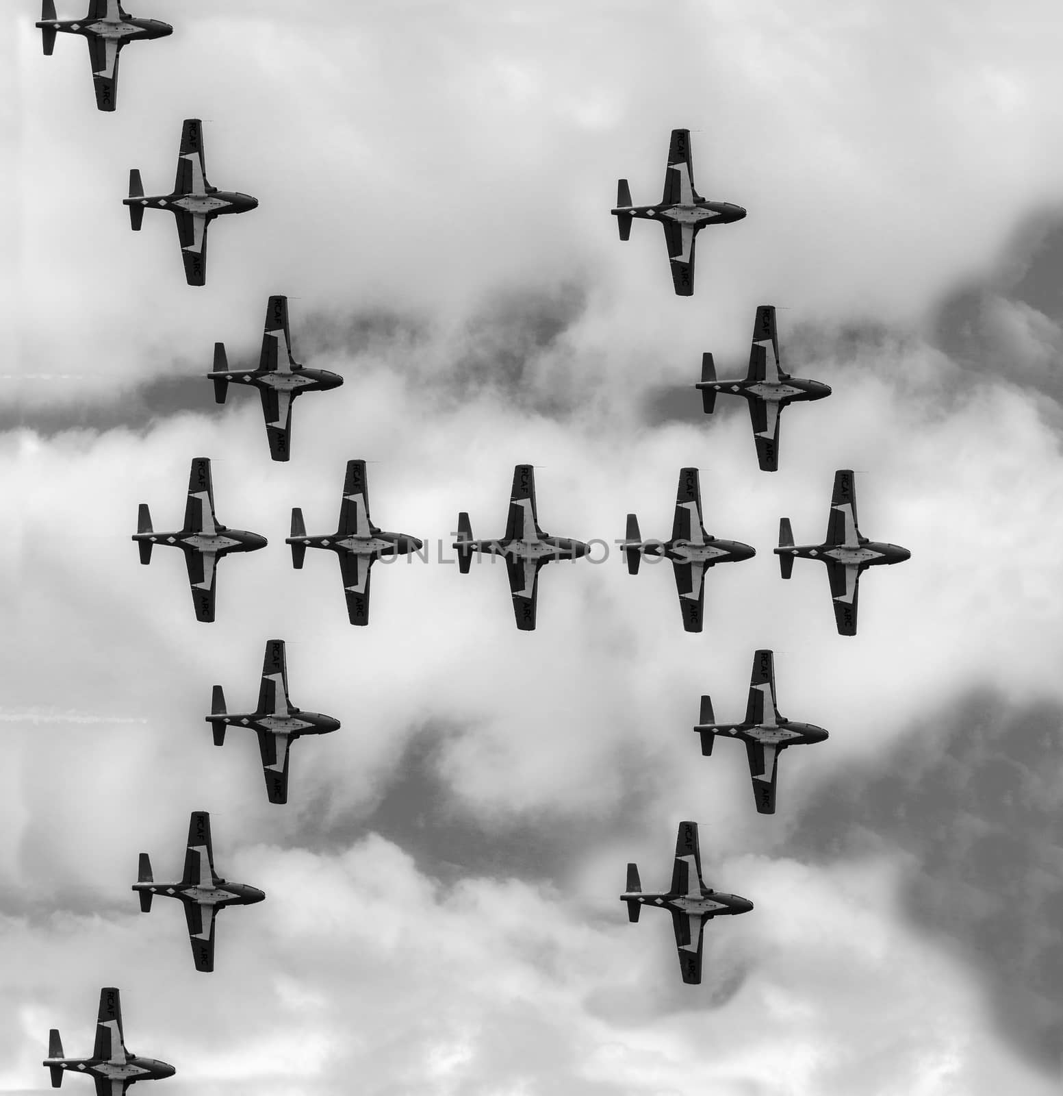 SPRINGBANK CANADA - JUL 20, 2015: The Snowbirds Demonstration Team demonstrate the skill, professionalism, and teamwork of Canadian Forces personnel during the Wings Over Lethbridge..