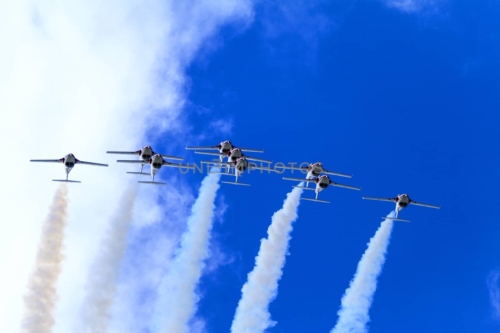 SPRINGBANK CANADA - JUL 20, 2015: The Snowbirds Demonstration Team demonstrate the skill, professionalism, and teamwork of Canadian Forces personnel during the Wings Over Lethbridge..