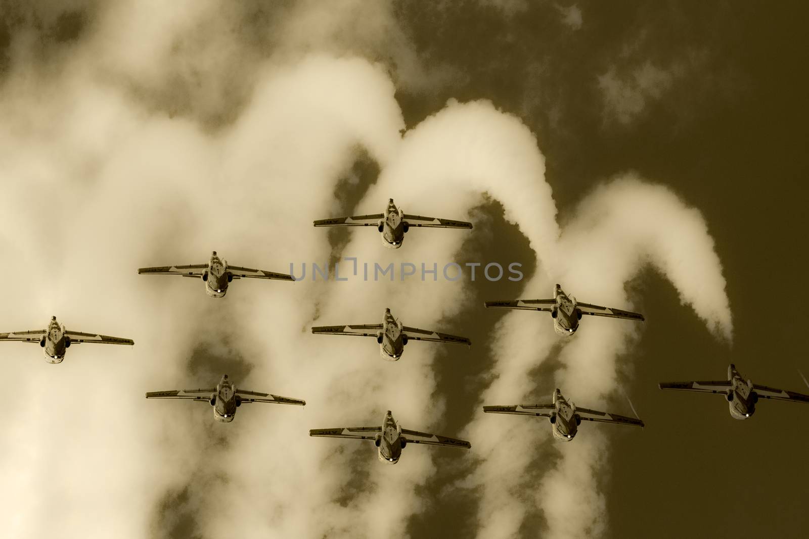 SPRINGBANK CANADA - JUL 20, 2015: The Snowbirds Demonstration Team demonstrate the skill, professionalism, and teamwork of Canadian Forces personnel during the Wings Over Lethbridge..