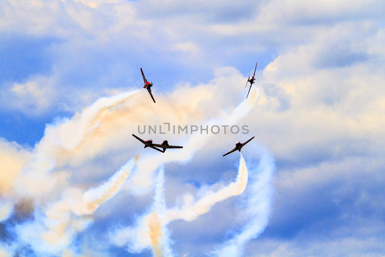 SPRINGBANK CANADA - JUL 20, 2015: The Snowbirds Demonstration Team demonstrate the skill, professionalism, and teamwork of Canadian Forces personnel during the Wings Over Lethbridge..