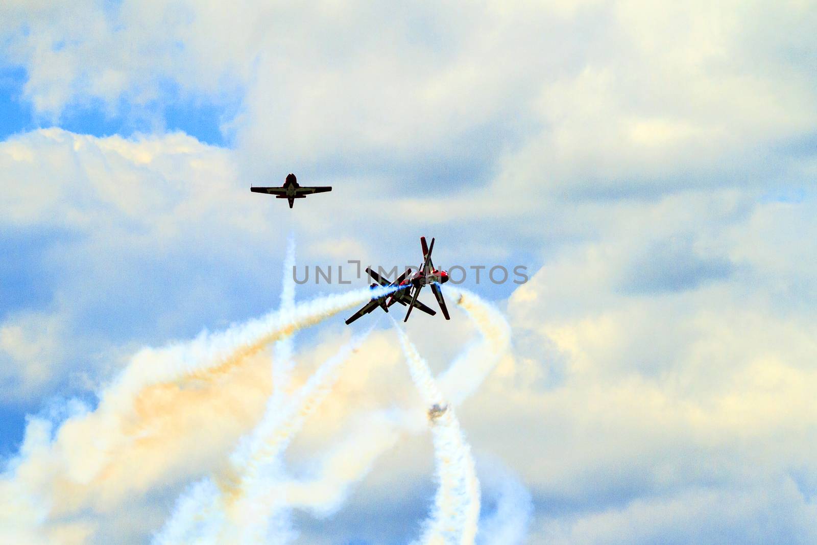 SPRINGBANK CANADA - JUL 20, 2015: The Snowbirds Demonstration Team demonstrate the skill, professionalism, and teamwork of Canadian Forces personnel during the Wings Over Lethbridge..