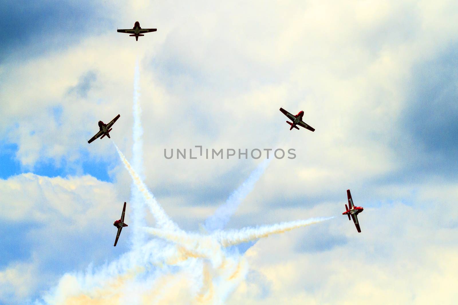 SPRINGBANK CANADA - JUL 20, 2015: The Snowbirds Demonstration Team demonstrate the skill, professionalism, and teamwork of Canadian Forces personnel during the Wings Over Lethbridge..